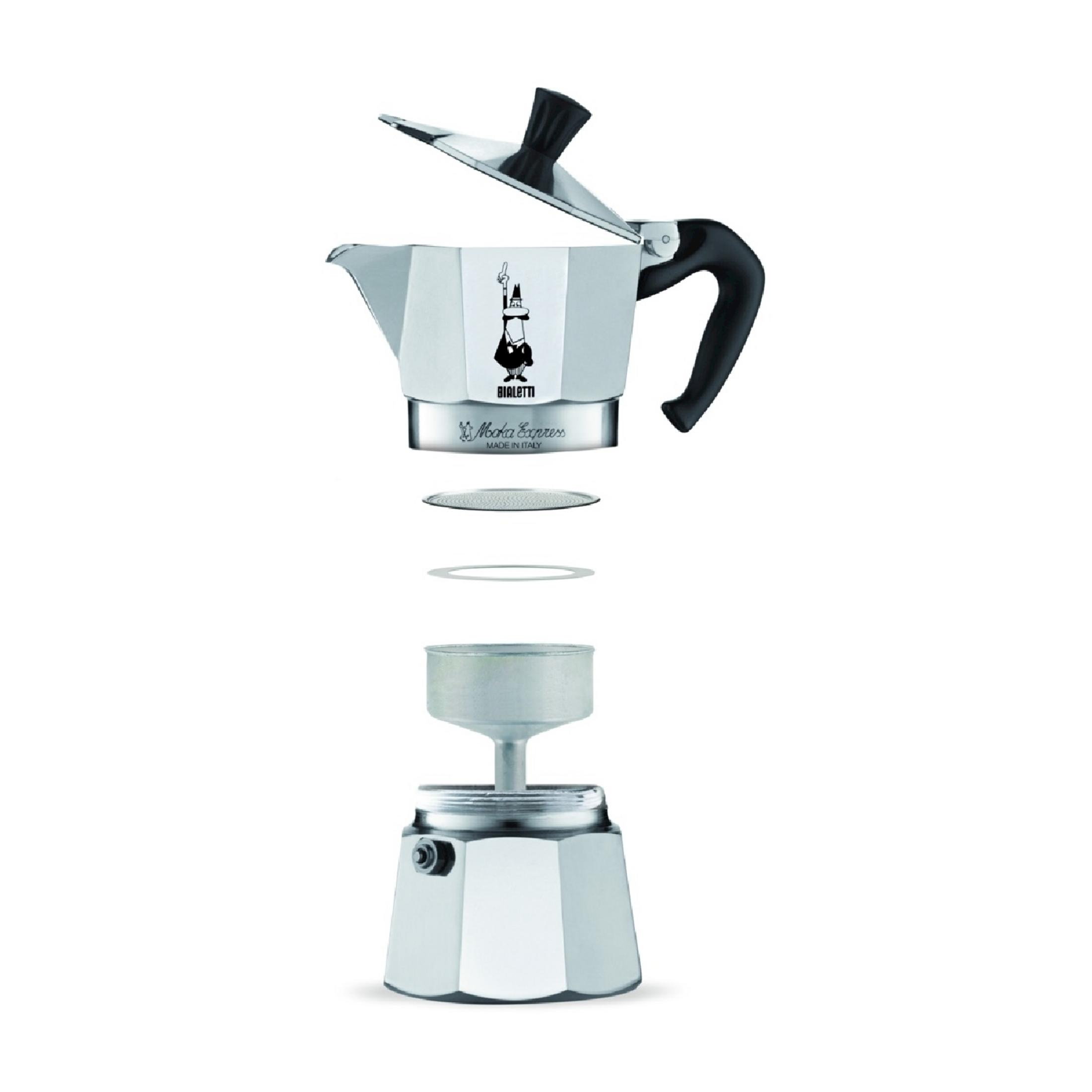 Rozłożony ekspres Bialetti z aluminium, z czarną rączką.