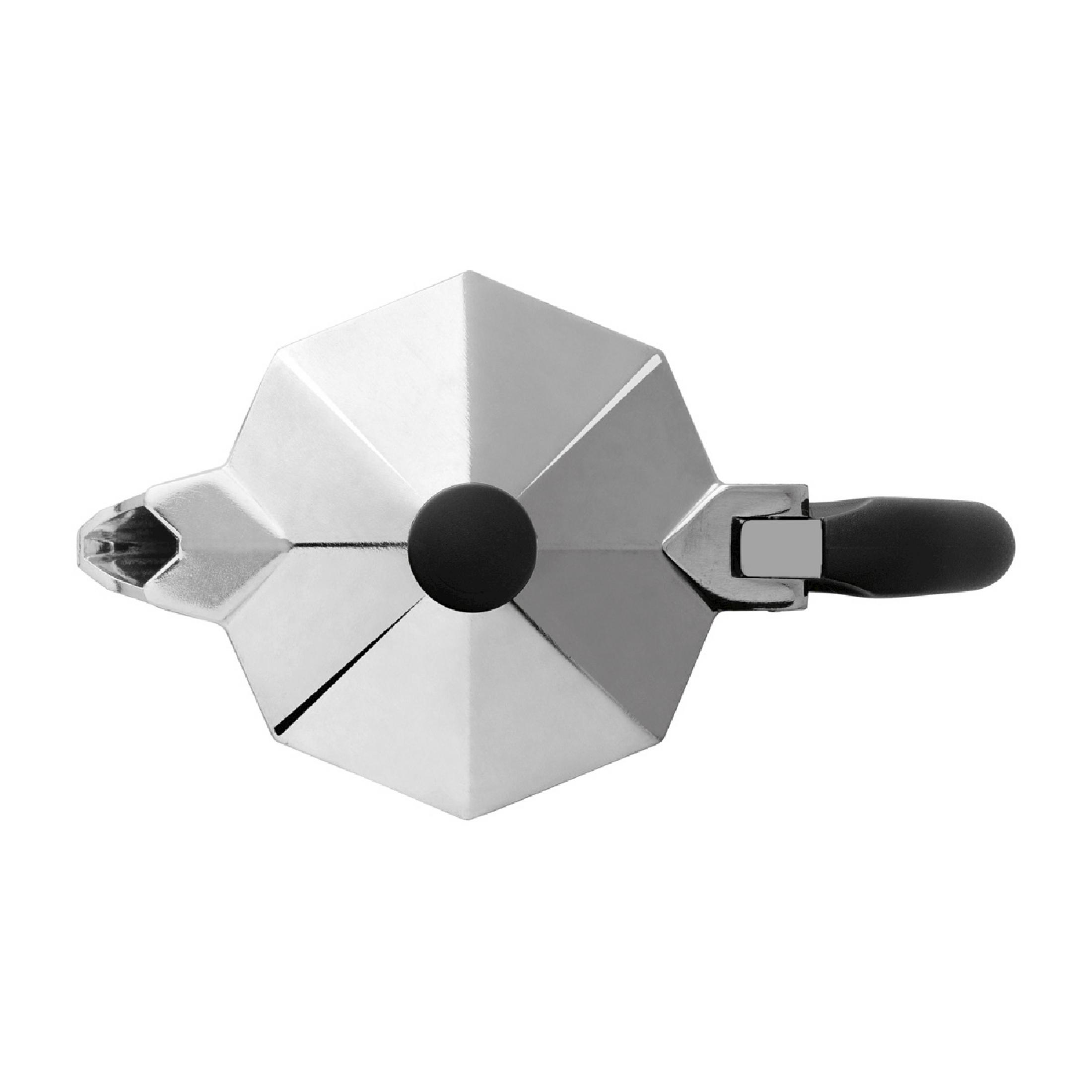 Srebrna kawiarka z czarną rączką i gałką, widziana z góry.