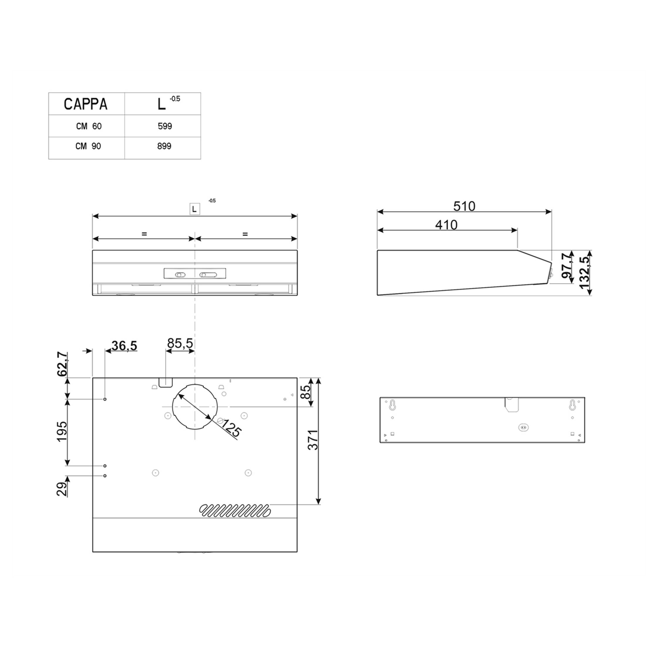 Dibujo técnico de una campana extractora con dimensiones y etiquetas.