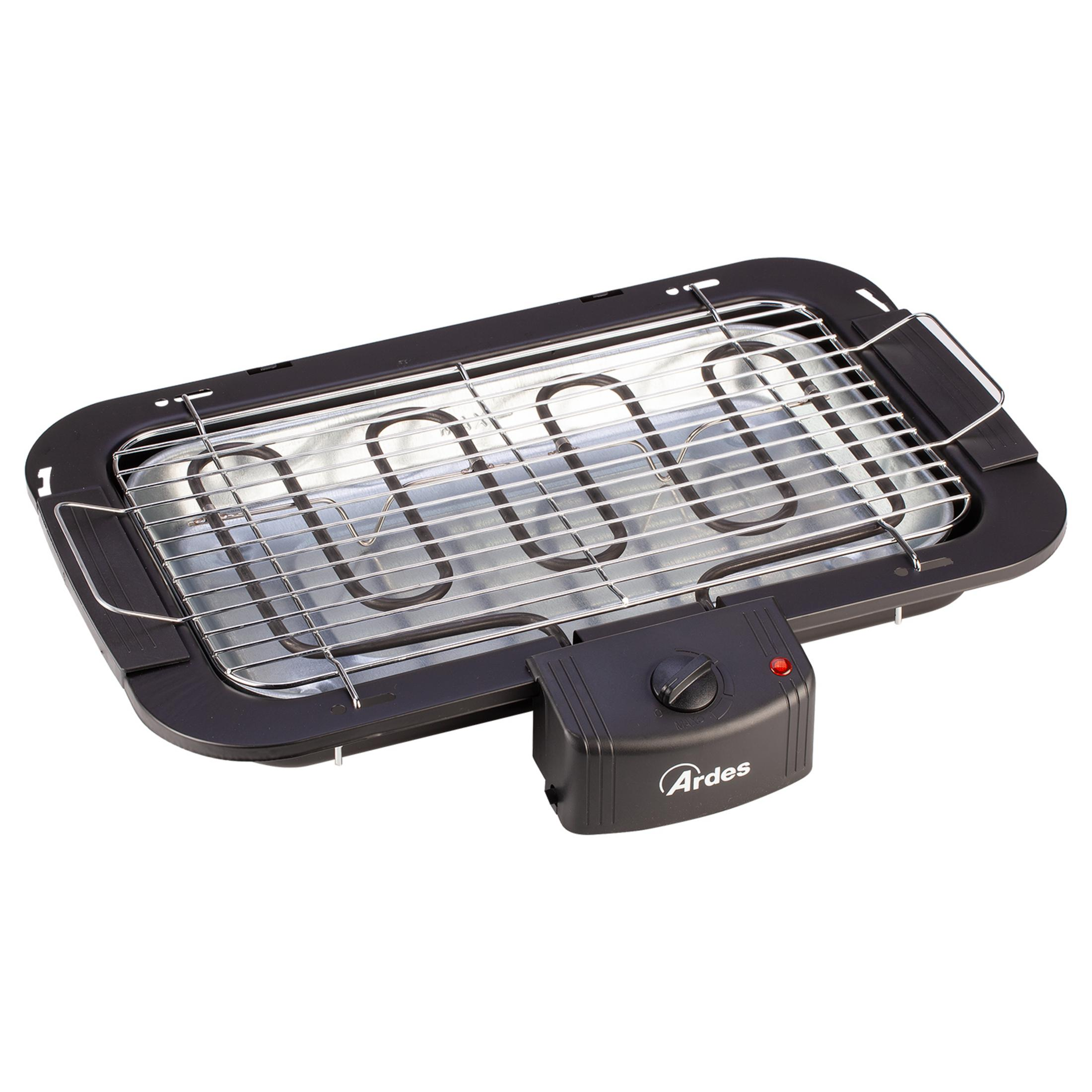 Ein schwarzer Elektrogrill mit Chromgrill und Heizelementen.