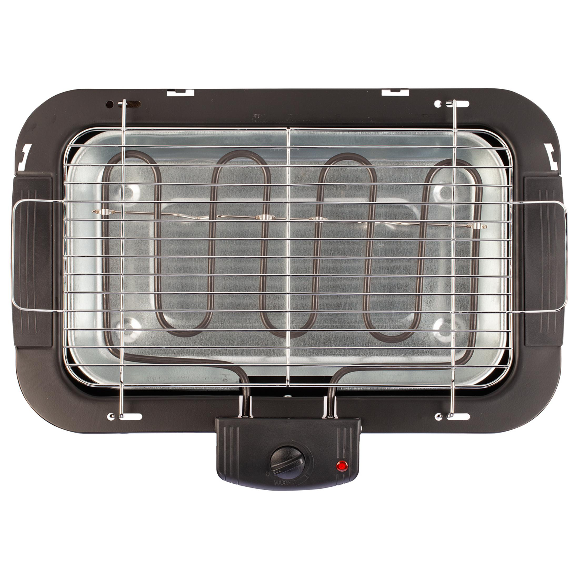 Elektrischer Tischgrill mit Metallrost, Heizelementen und schwarzem Bedienfeld.