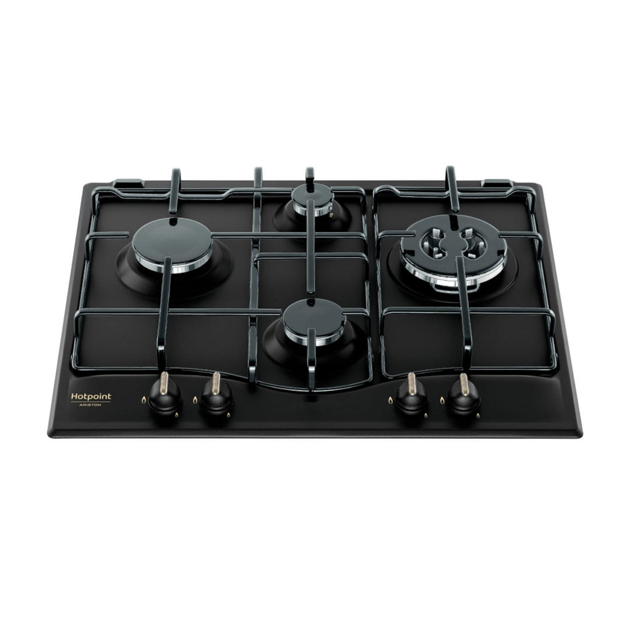 Czarna płyta gazowa z czterema palnikami i pokrętłami.