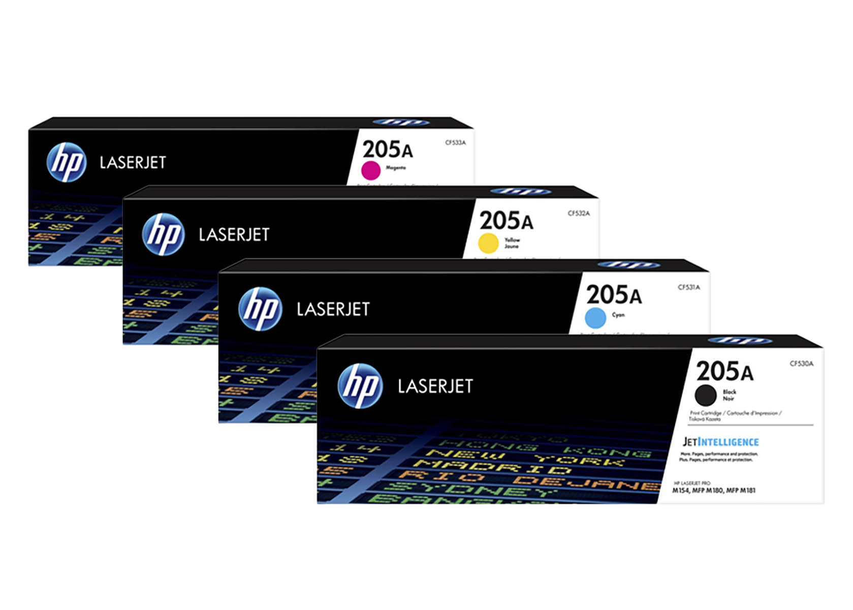 Vier HP LaserJet 205A Tonerkartuschen: Magenta, Gelb, Cyan und Schwarz.