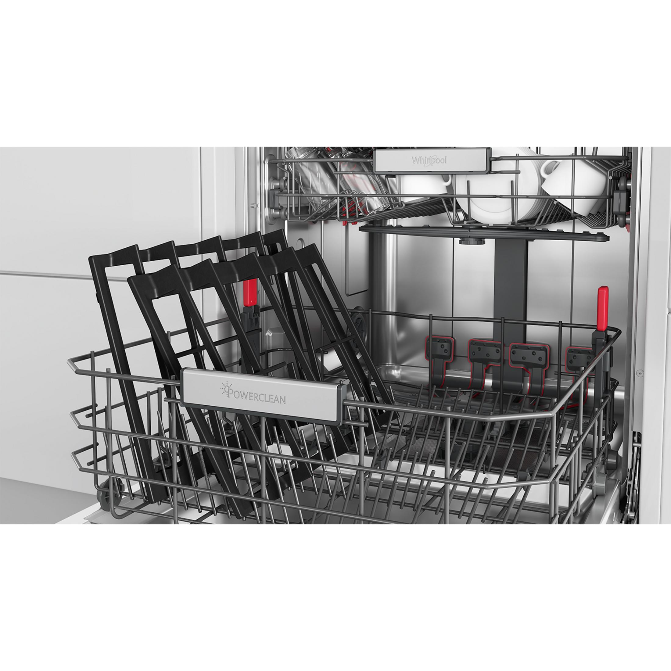 Wnętrze zmywarki z koszem na sztućce i górnymi naczyniami.