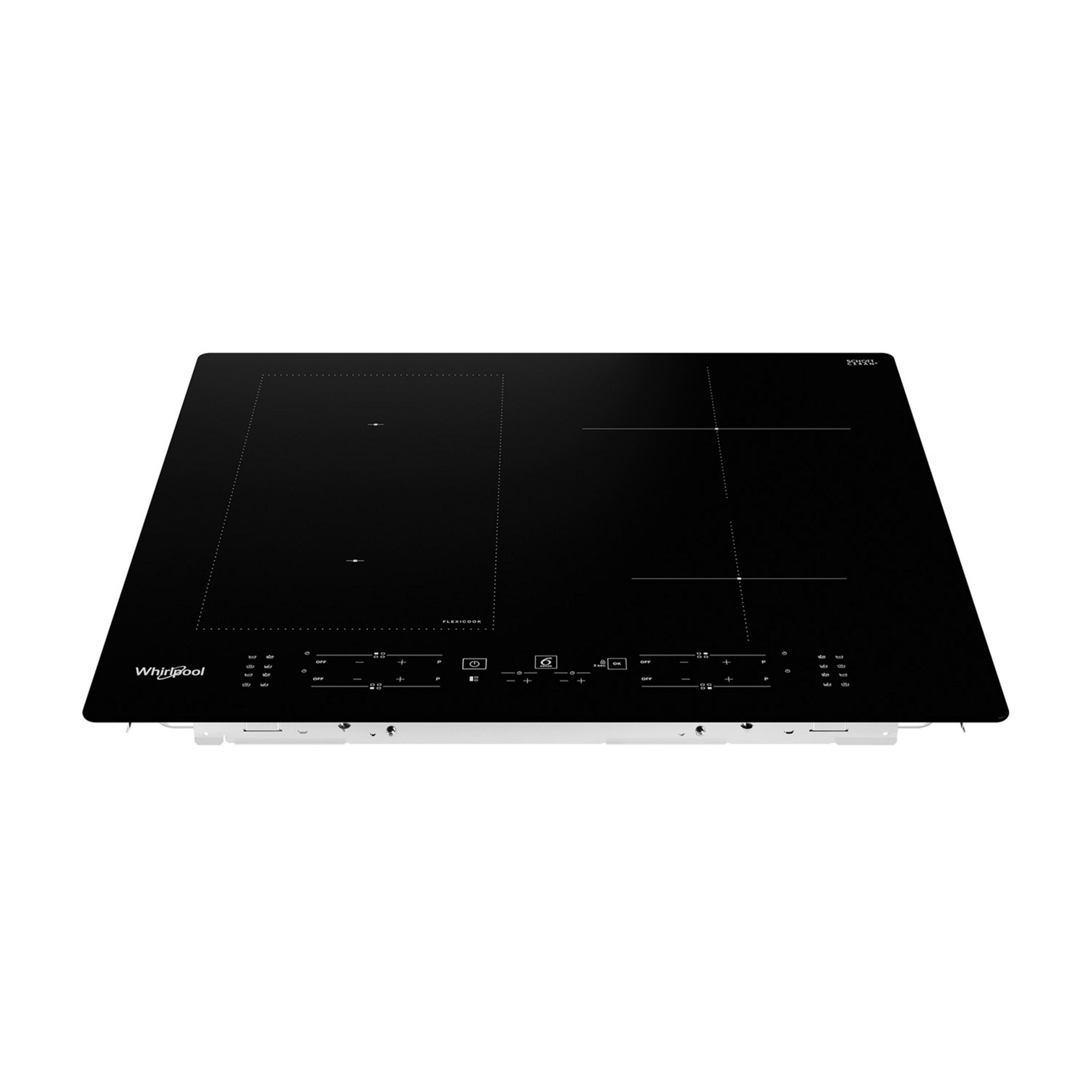 Eine schwarze Induktionskochfeld mit Touch-Bedienelementen und dem Whirlpool-Logo.