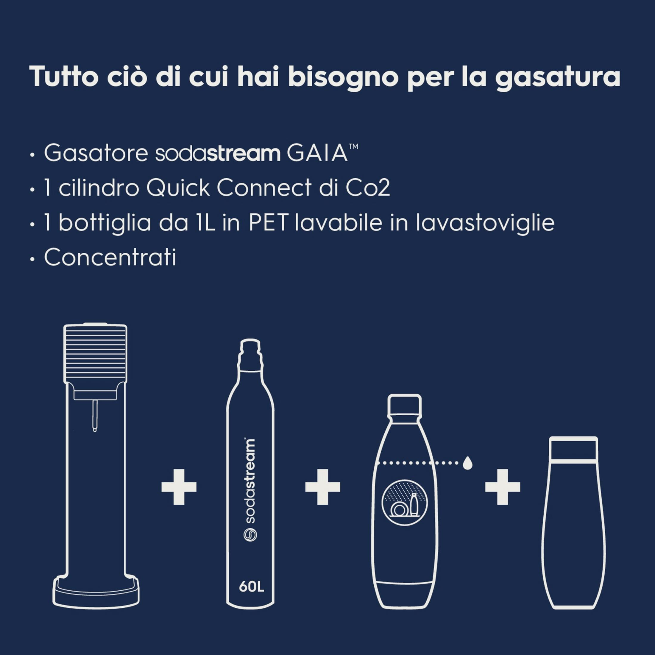 Een SodaStream GAIA bruiswatermaker set met CO2-cilinder, fles en concentraten.