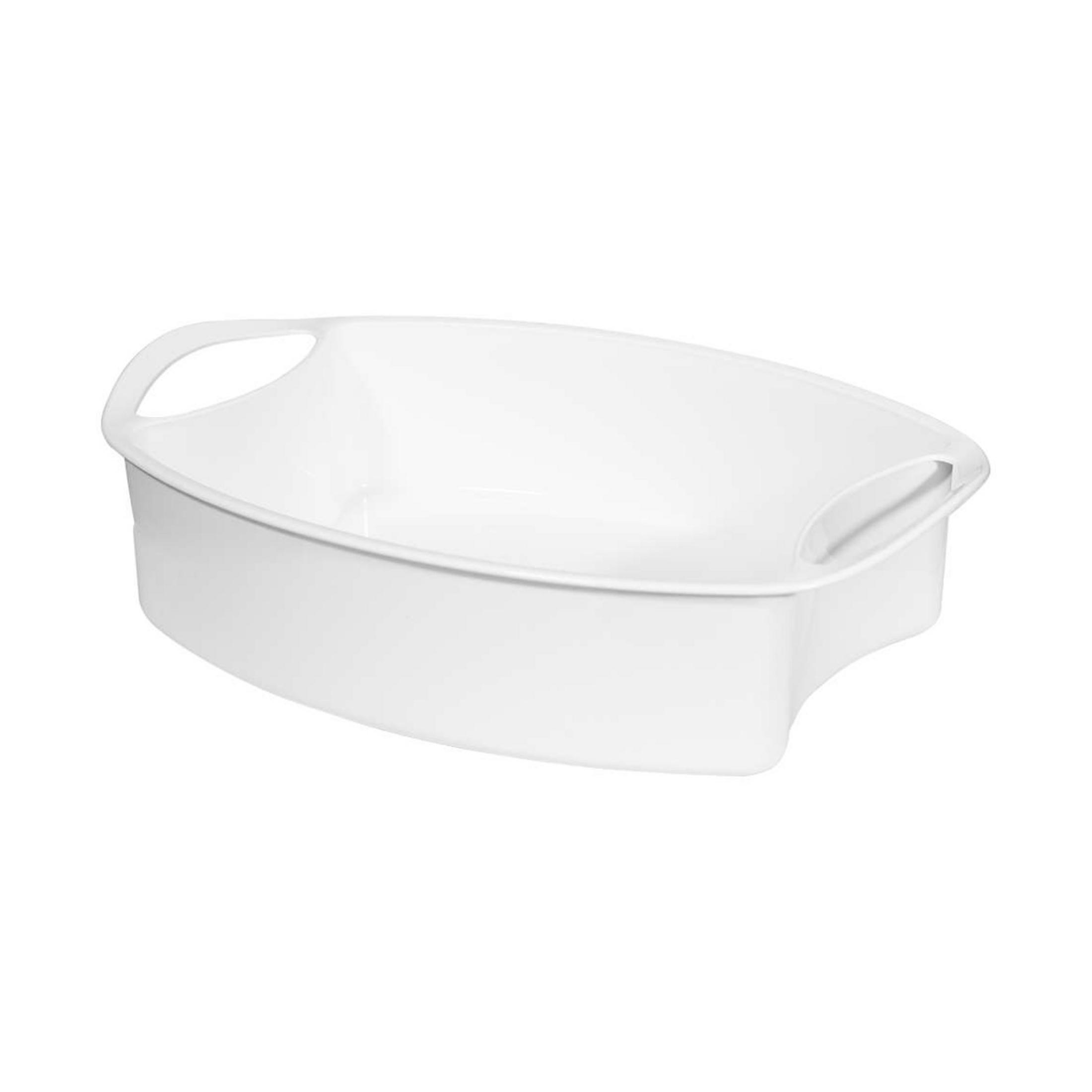 Un contenitore ovale in plastica bianca con due manici, isolato su sfondo bianco.