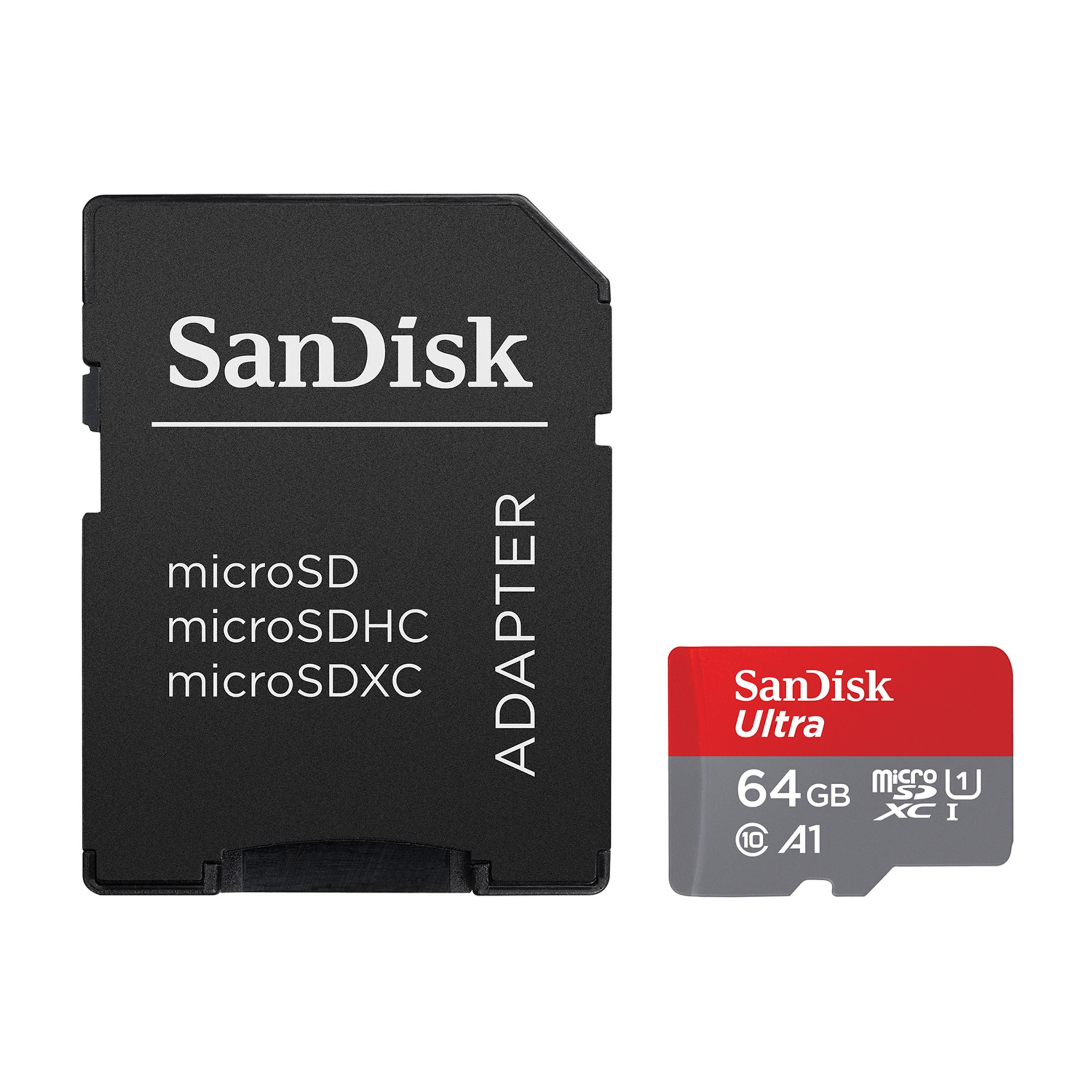Ein schwarzer SD-Kartenadapter und eine 64-GB-microSDXC-Karte von SanDisk.