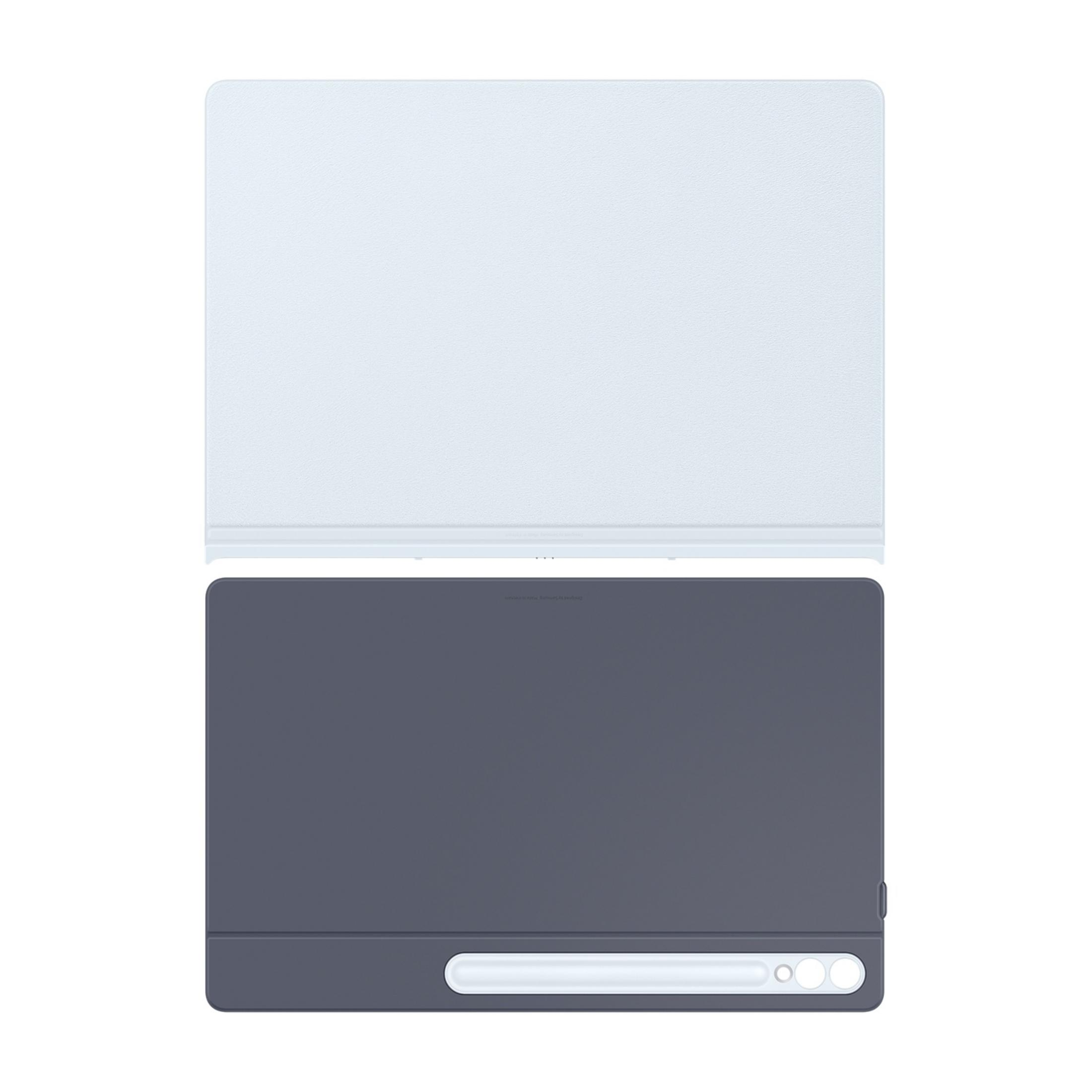 Un accessoire de tablette bleu clair et gris foncé sur fond blanc.
