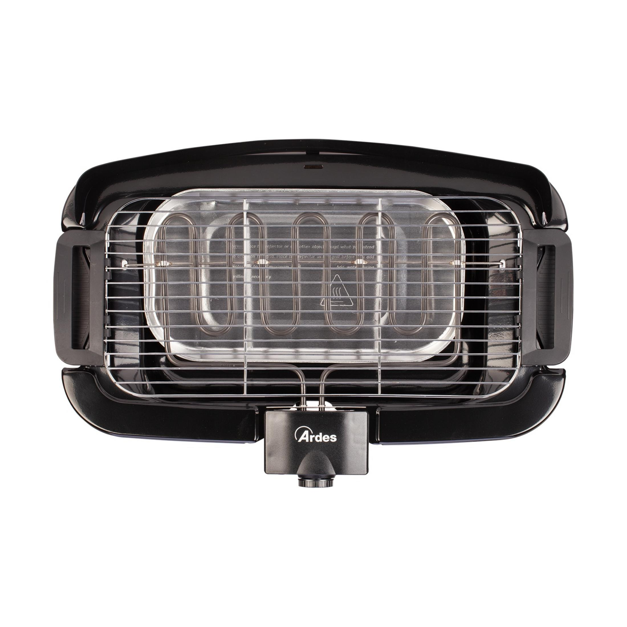 Czarny grill elektryczny z elementami grzewczymi i logo Ardes.