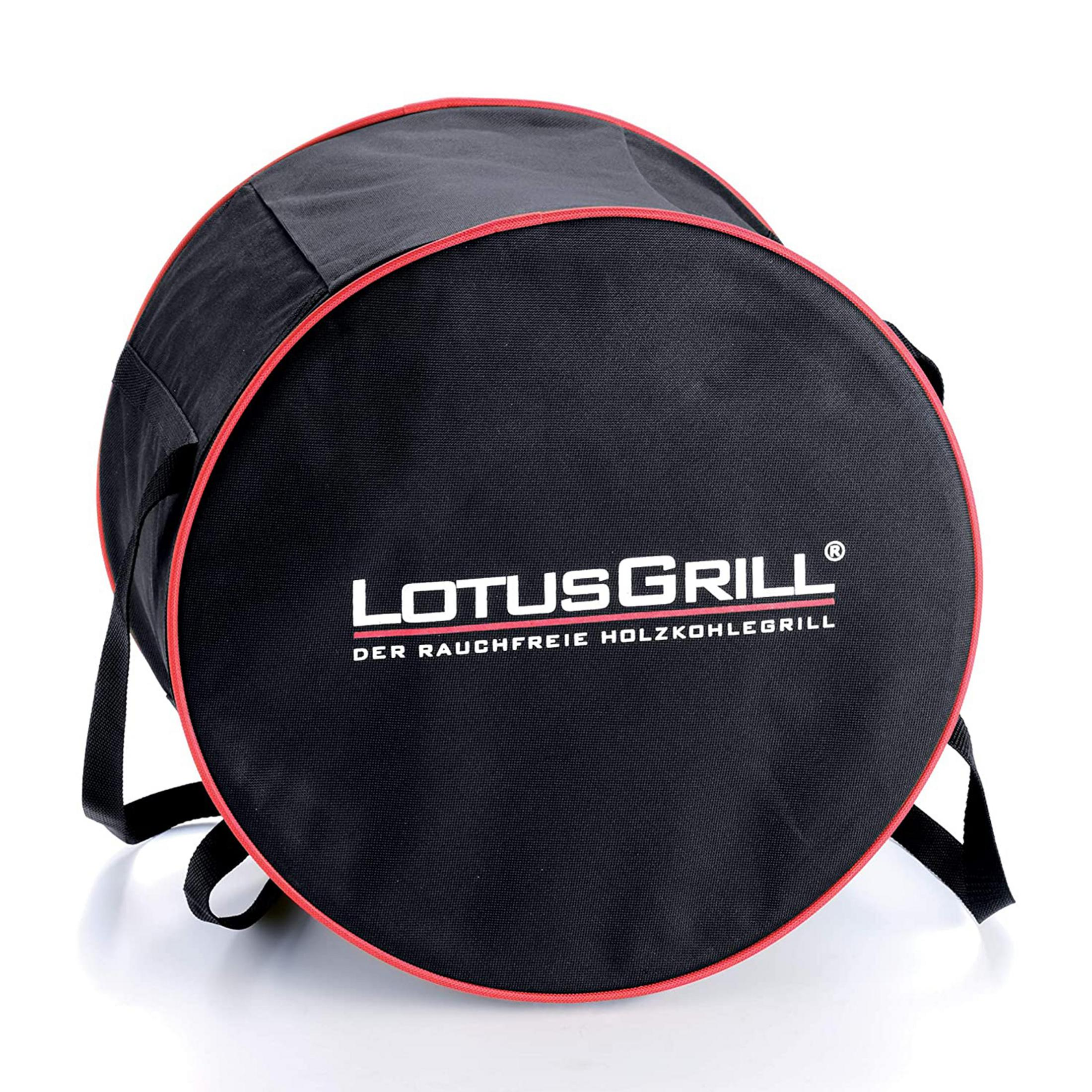 Czarna torba transportowa z czerwonym obszyciem i logo LotusGrill.