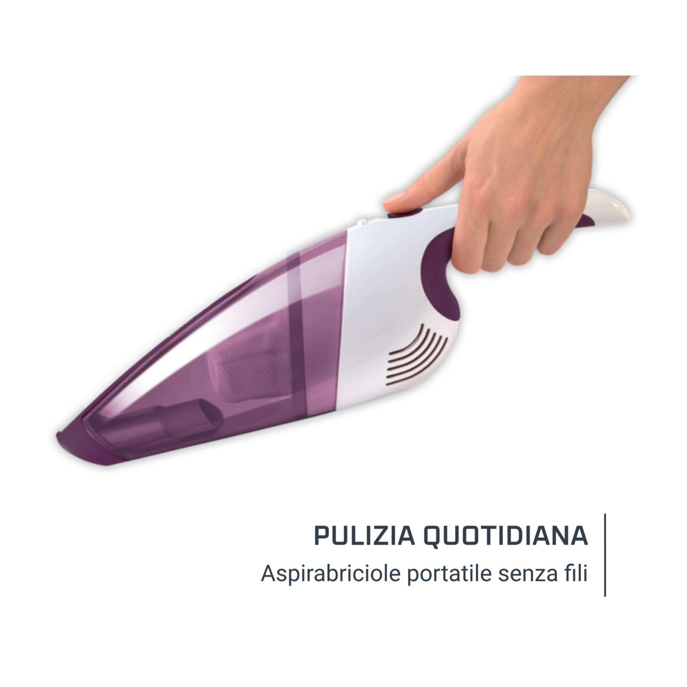 Una mano sostiene una aspiradora de mano morada y blanca con depósito transparente.