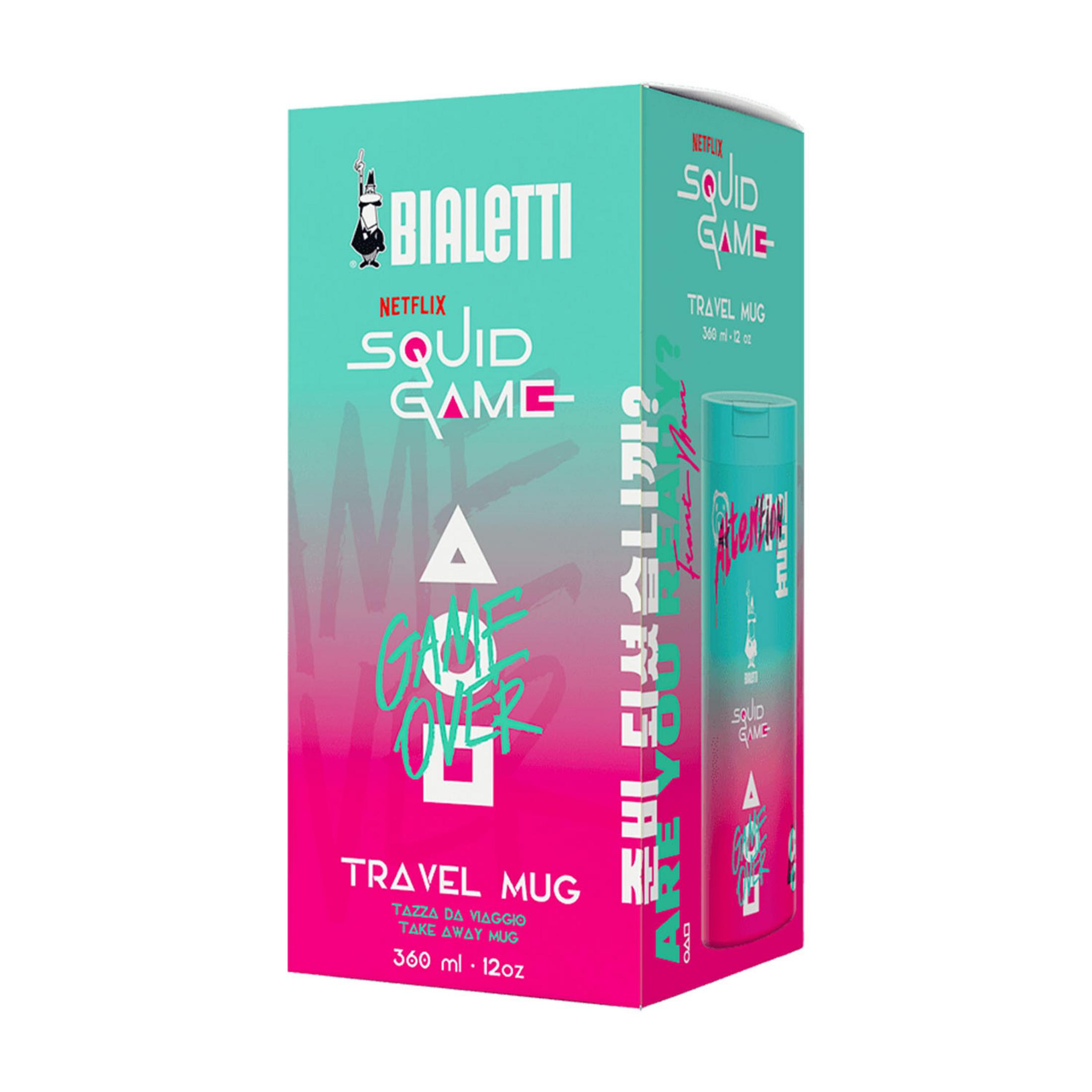 Confezione tazza da viaggio Bialetti Squid Game con logo e simboli del gioco.