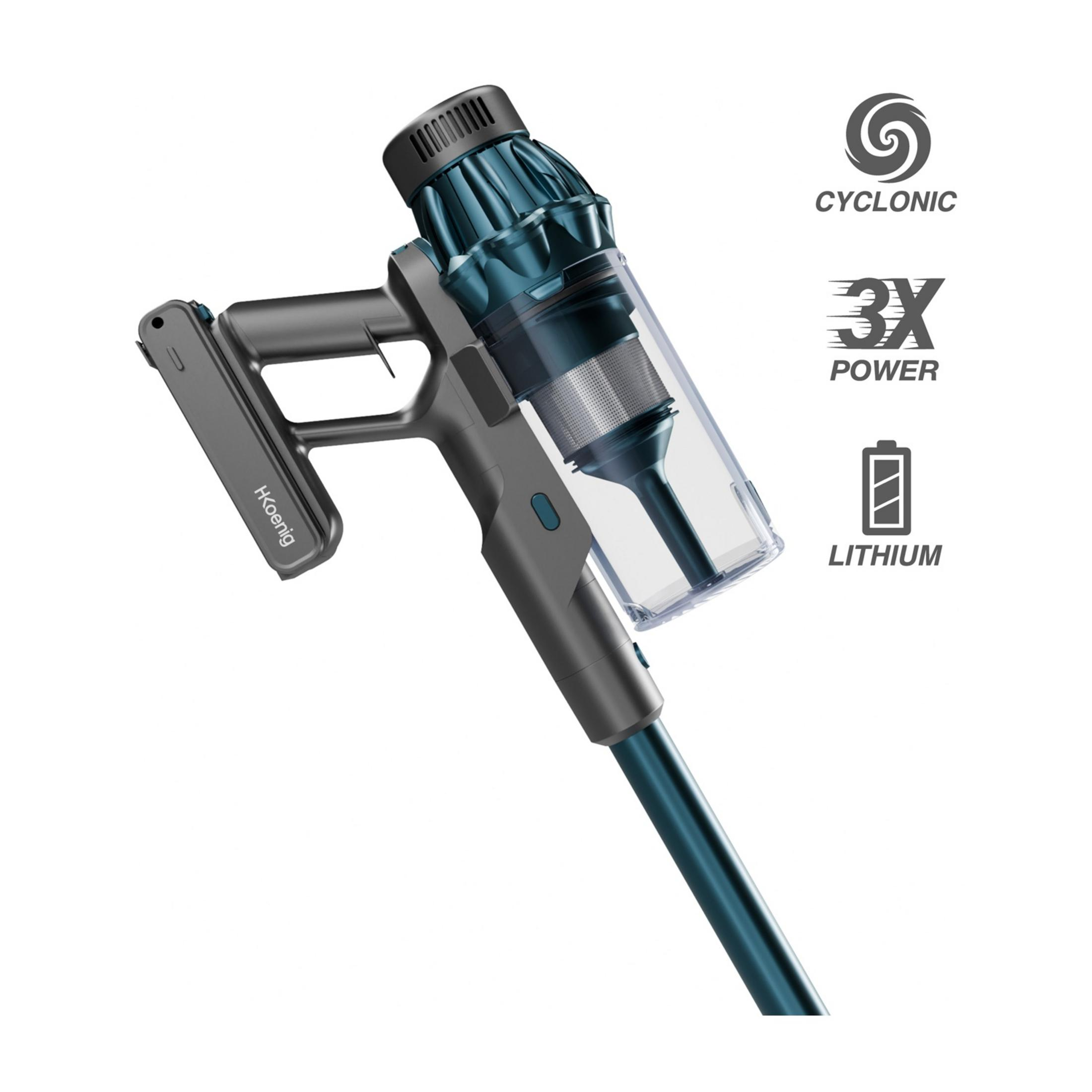 Aspiradora gris de mano con tubo azul y tecnología ciclónica.
