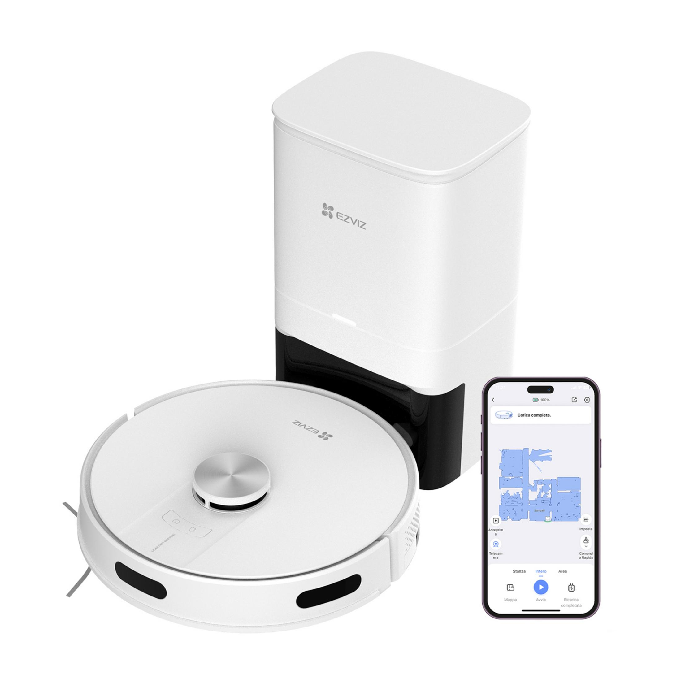 Biały robot sprzątający ze stacją dokującą i smartfonem.