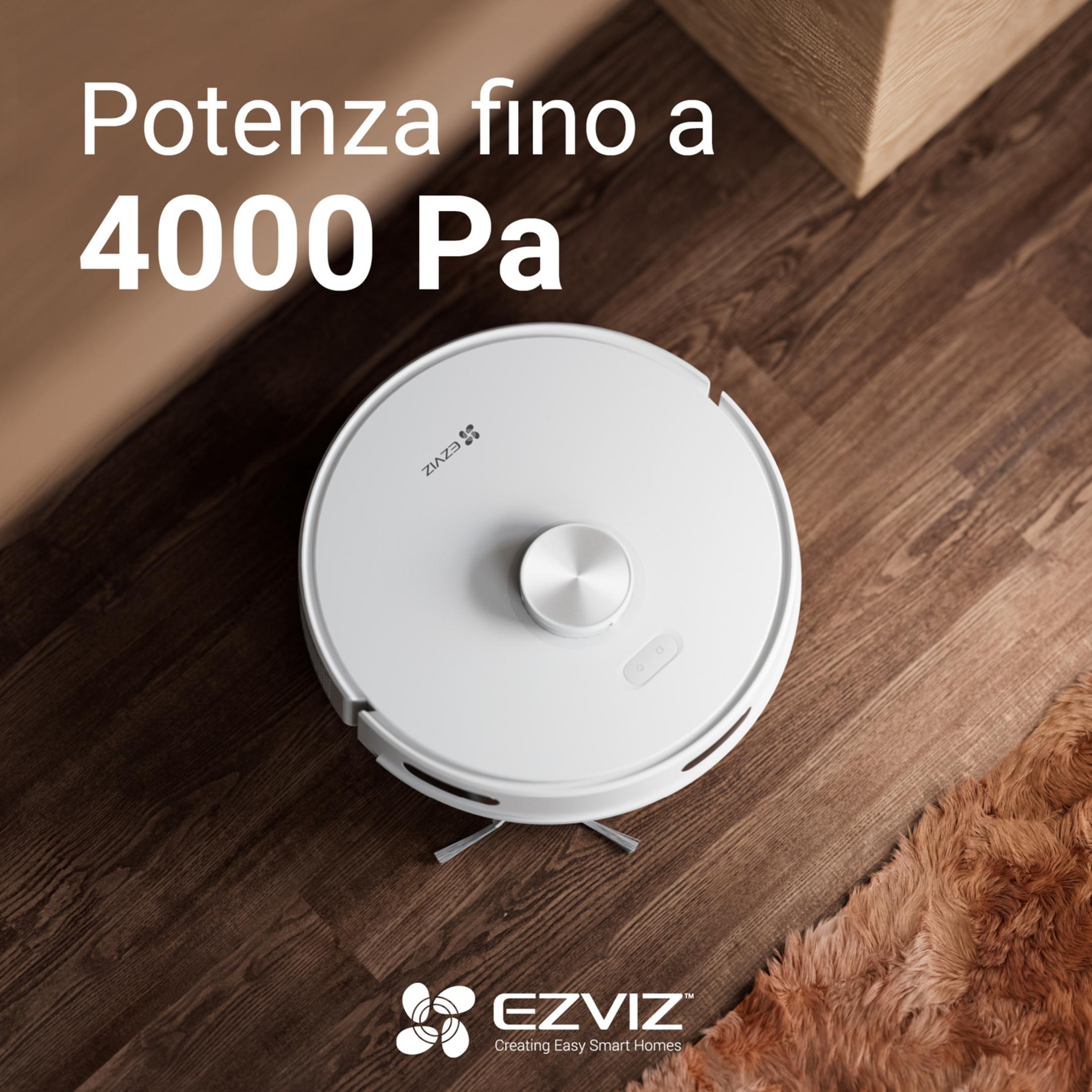 Biały robot sprzątający marki EZVIZ na drewnianej podłodze.