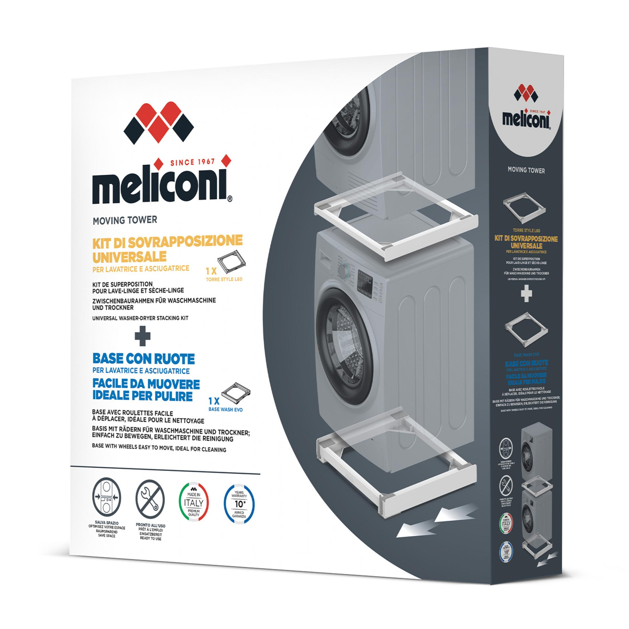 Meliconi Waschmaschinen-Turm mit Stapelkit und Rollenbasis. Made in Italy.