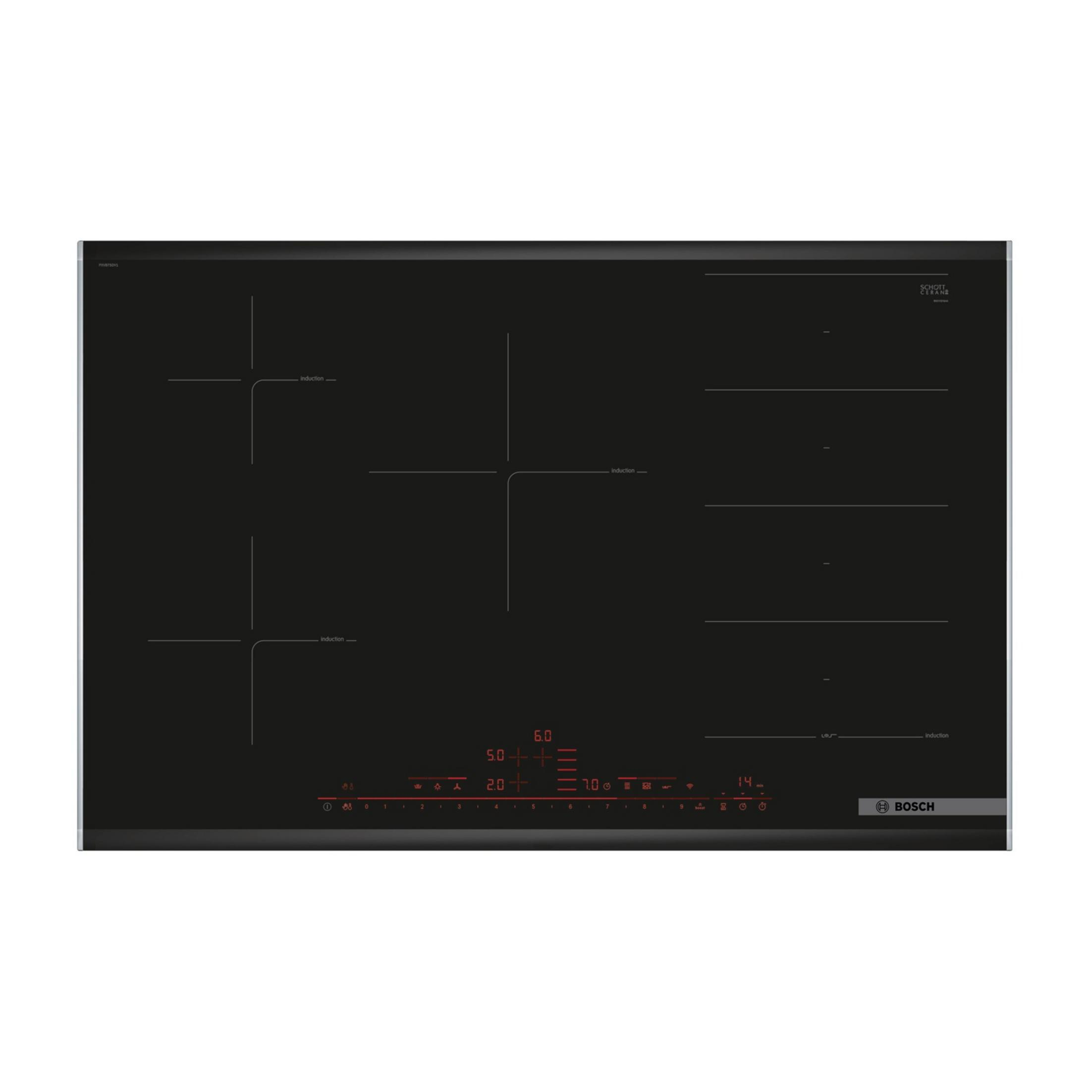 Czarna płyta indukcyjna z pięcioma strefami gotowania i cyfrowym sterowaniem.
