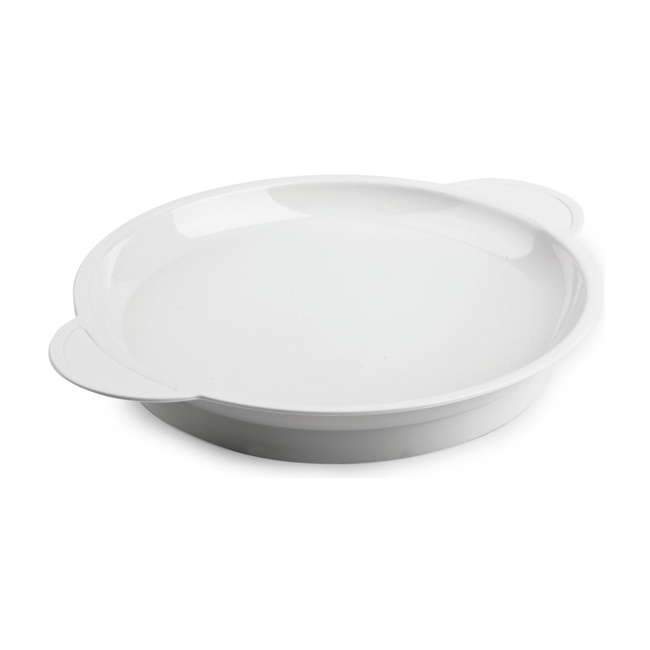 Een witte, ronde schaal met twee handvatten.