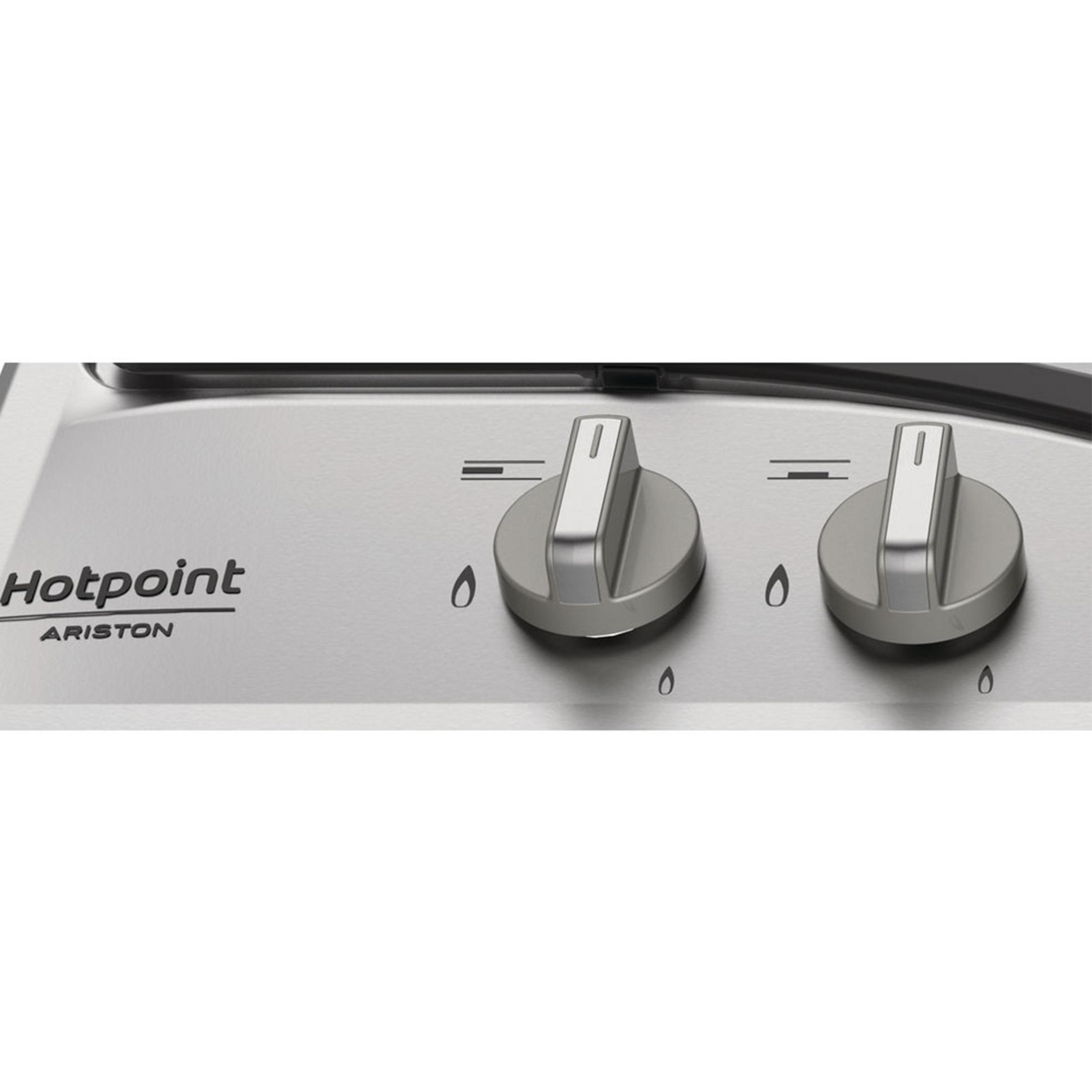 Kuchenka Hotpoint Ariston z dwoma szarymi pokrętłami i symbolami płomienia.