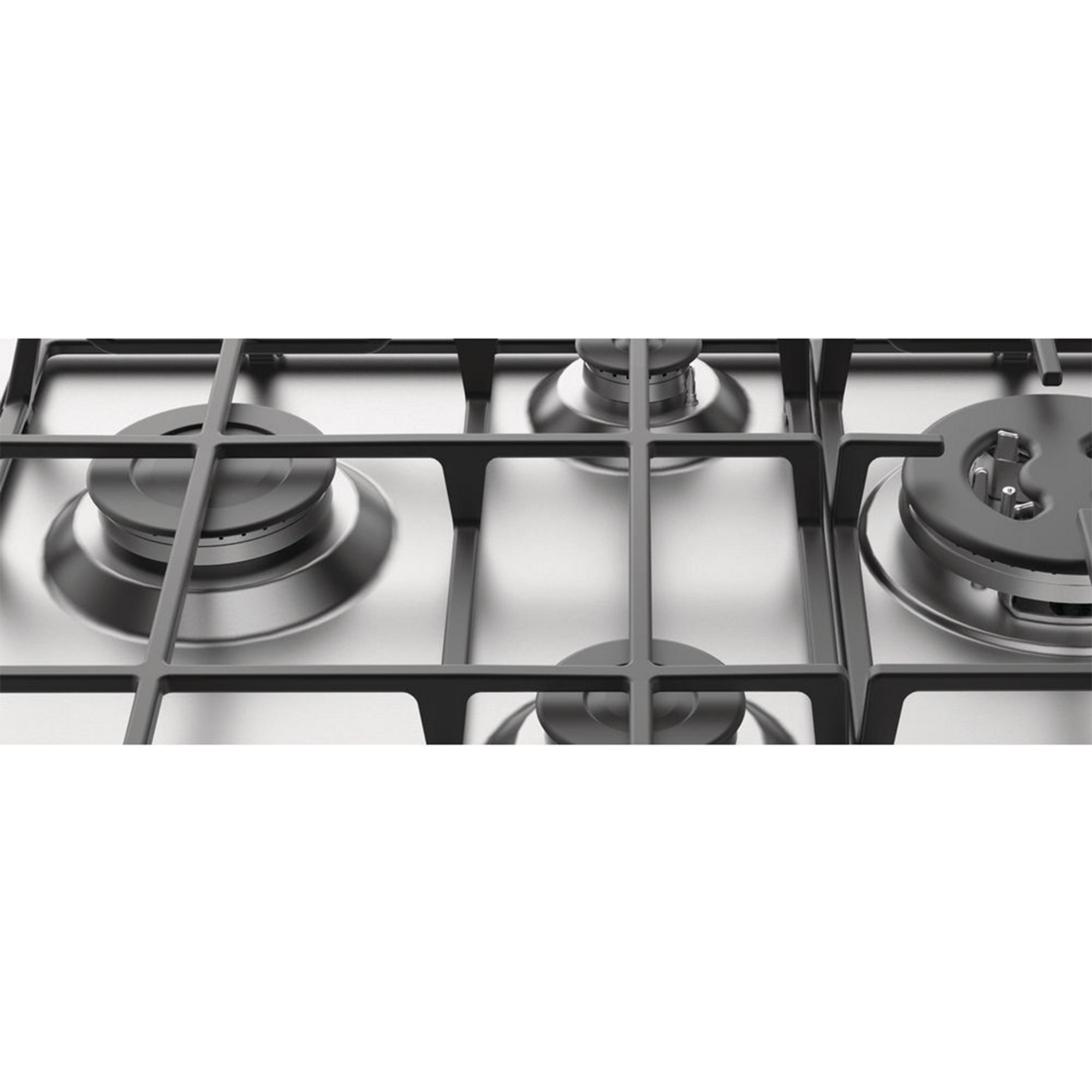 Stal nierdzewna płyta gazowa z czterema palnikami i czarnymi rusztami.