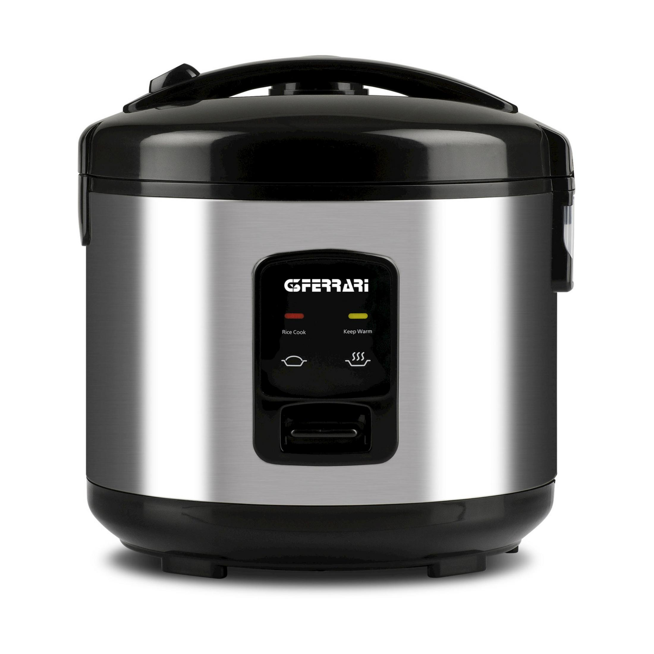 Una arrocera plateada y negra con controles e indicadores.