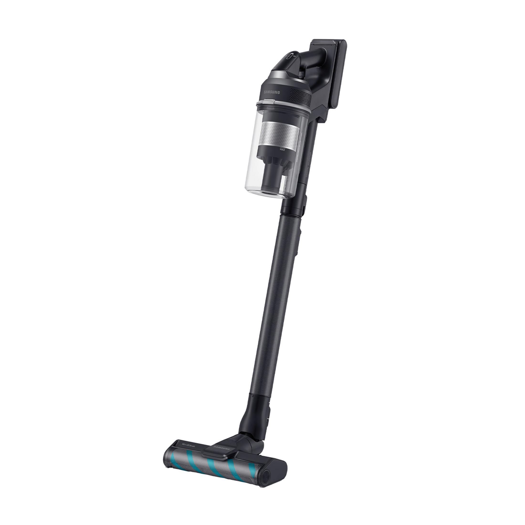 Aspiradora Samsung inalámbrica negra con cepillo azul-gris sobre fondo blanco.