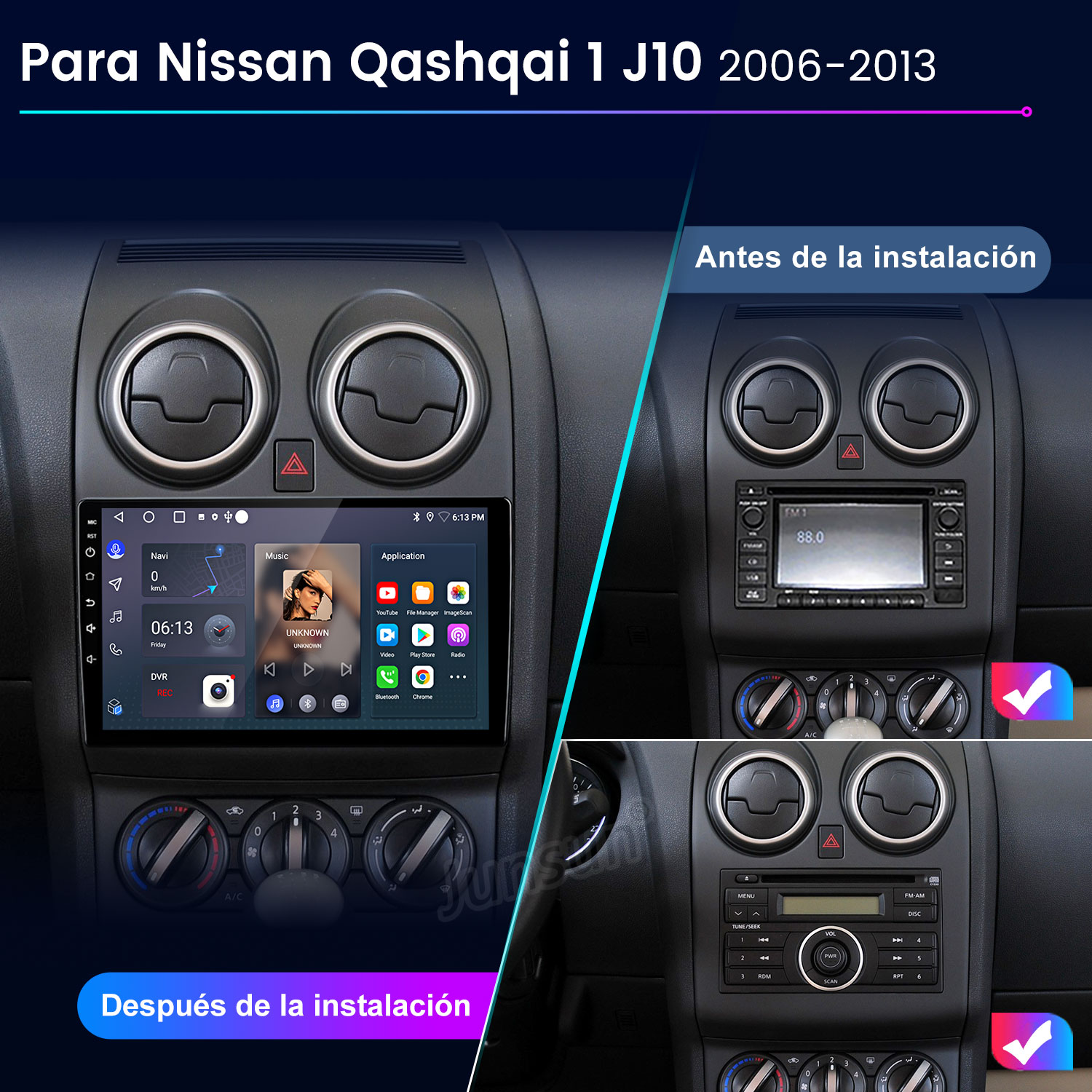 Comparación de un salpicadero de Nissan Qashqai antes y después de instalar un nuevo sistema de infoentretenimiento.