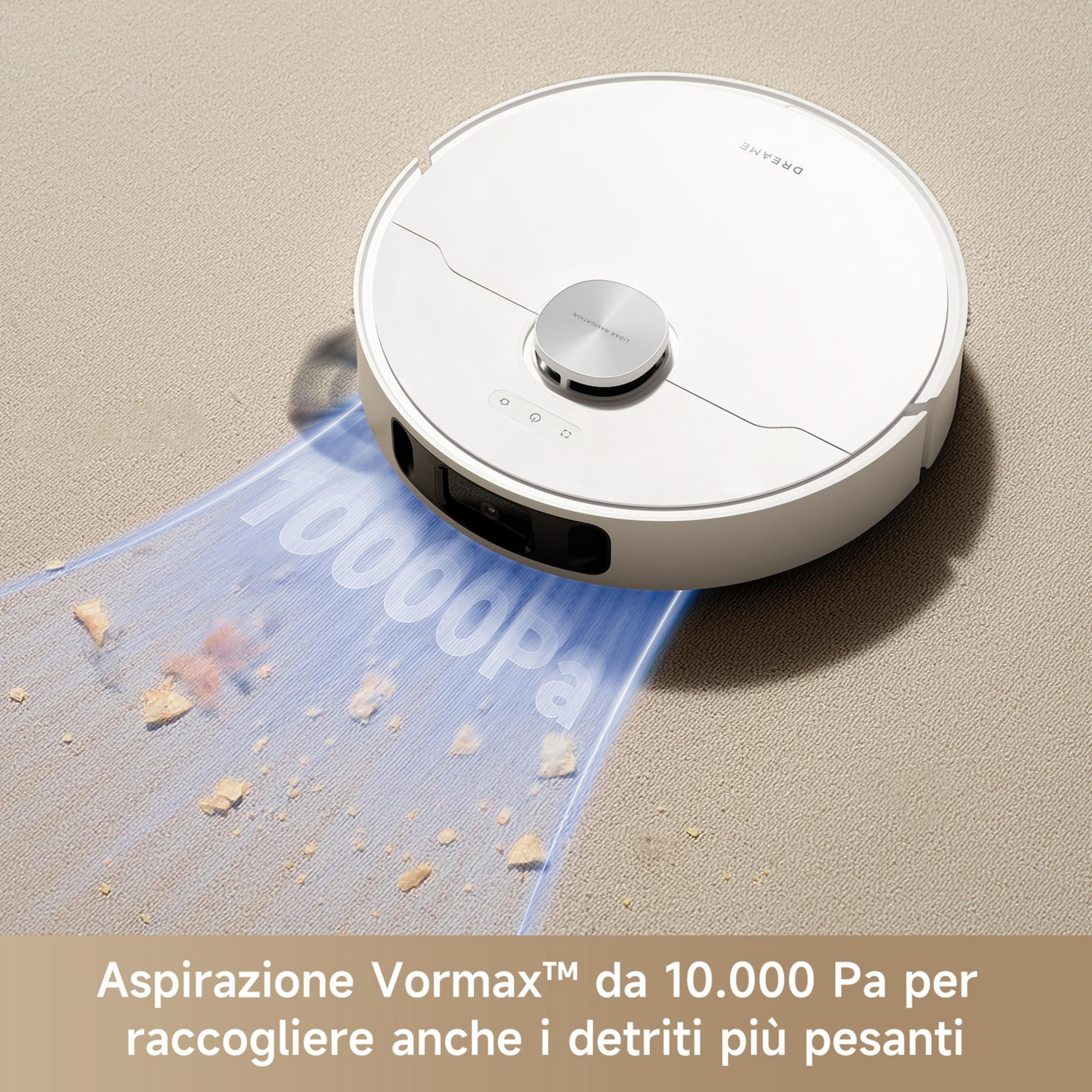 Un robot aspirapolvere bianco raccoglie briciole su un tappeto con 10000Pa.