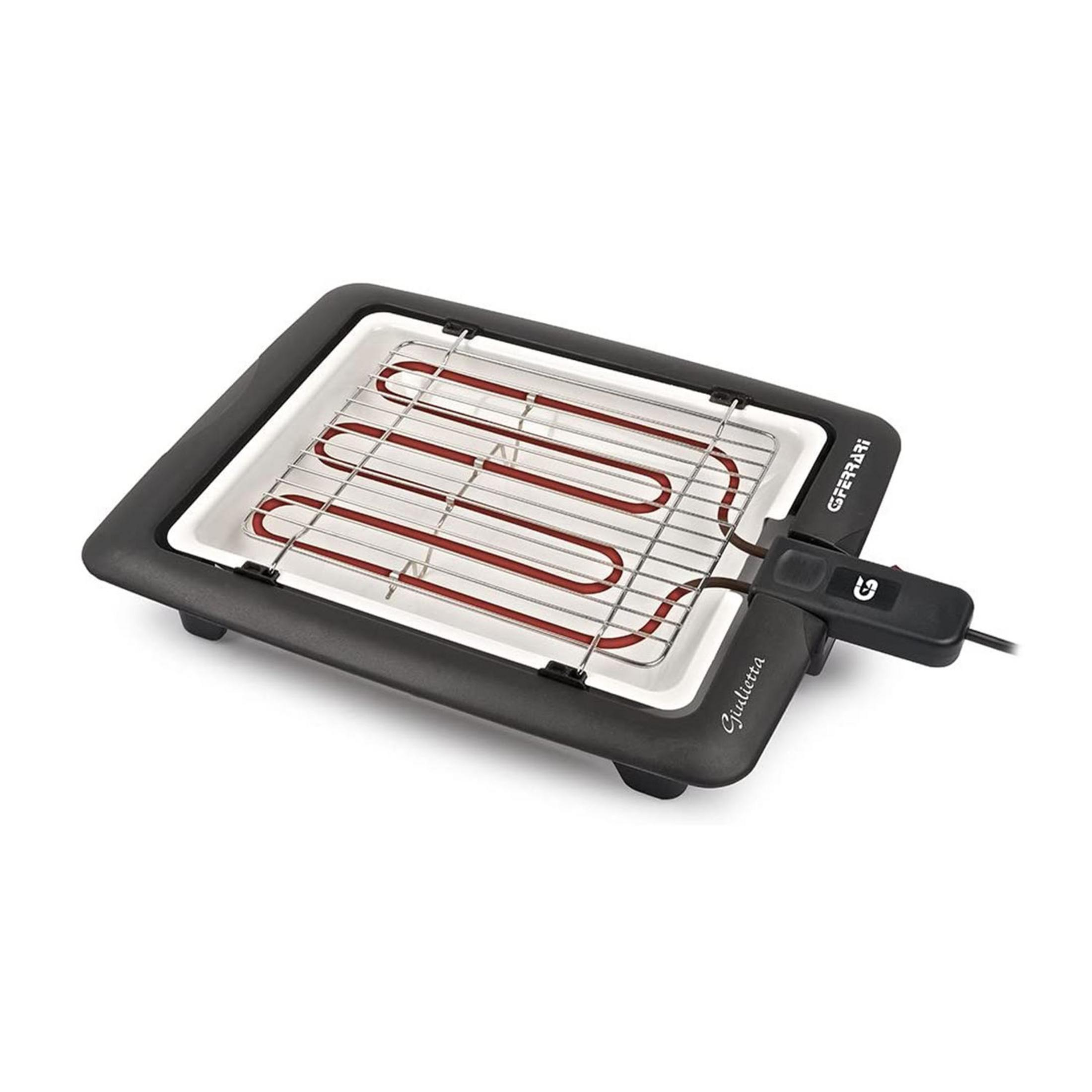 Elektrischer Grill mit Chromrost und roten Heizelementen.