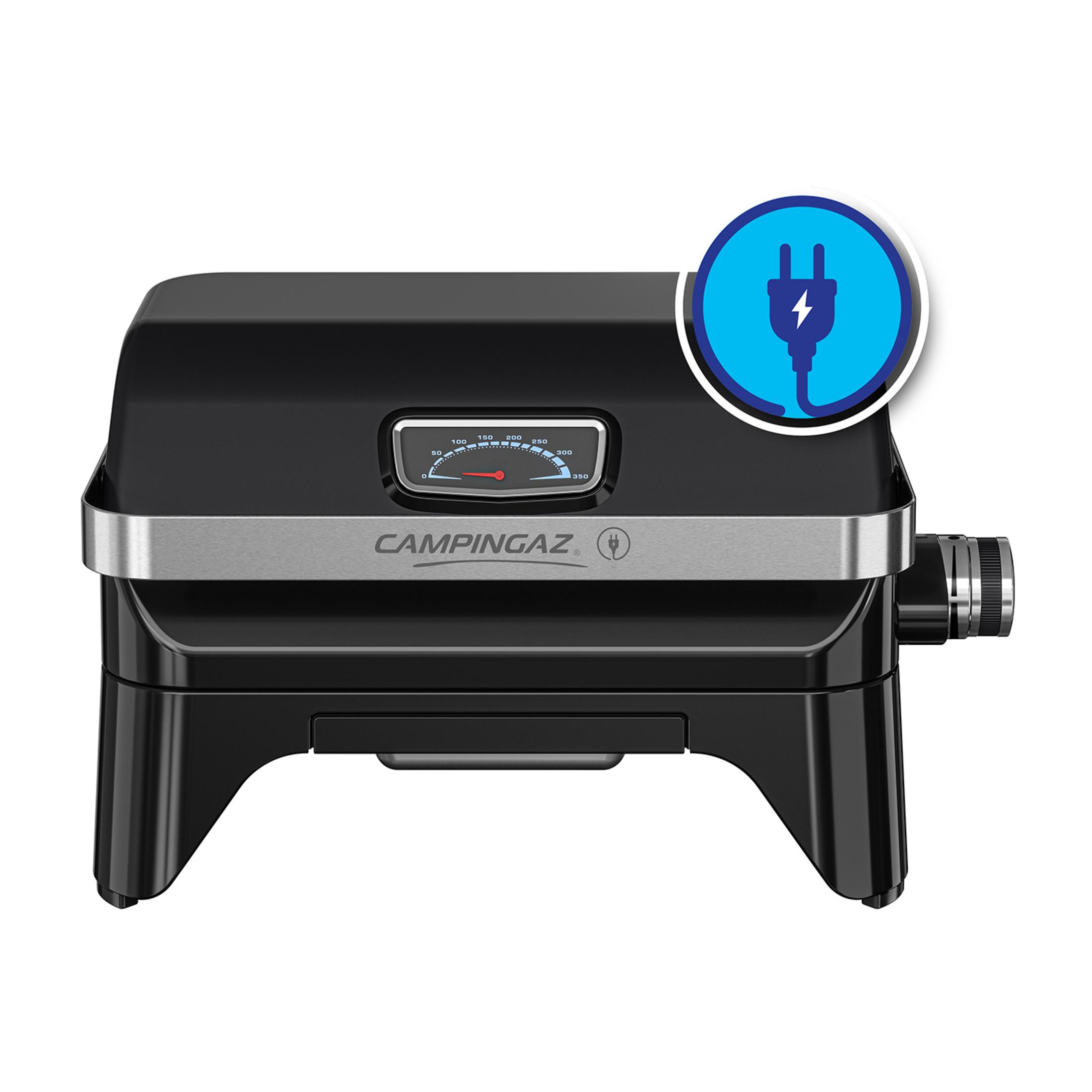 Schwarzer Campingaz Elektrogrill mit Thermometer und Steckersymbol.