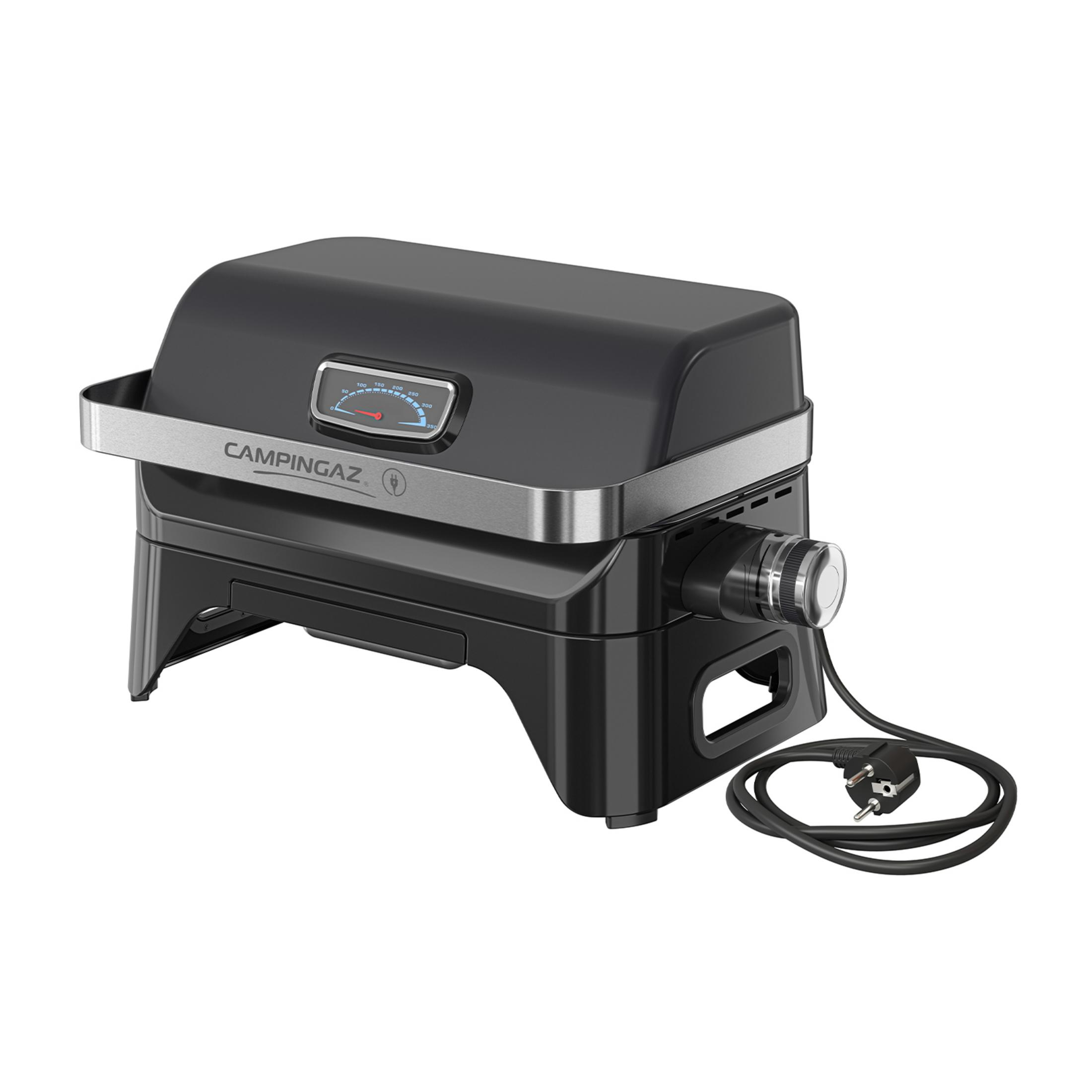 Ein schwarzer Campingaz-Grill mit silbernem Rand und Thermometer.