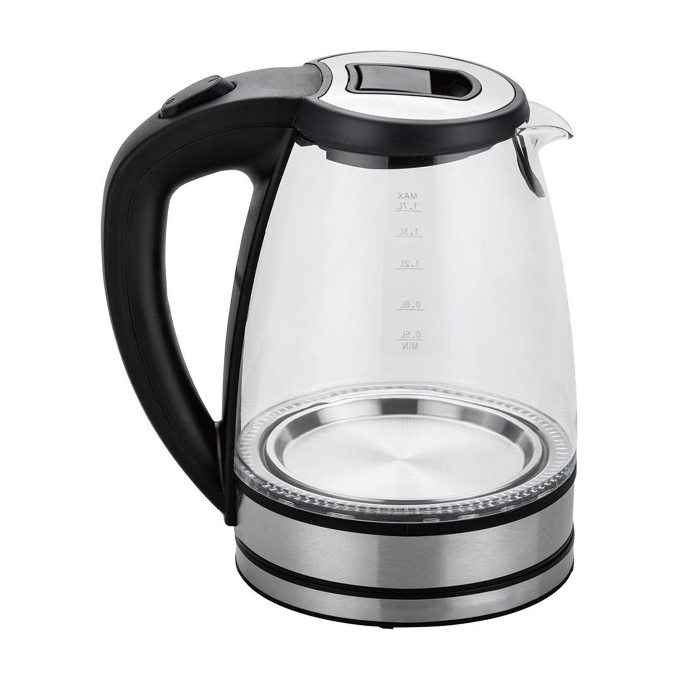 Przezroczysty czajnik szklany z czarną rączką i stalową podstawą.