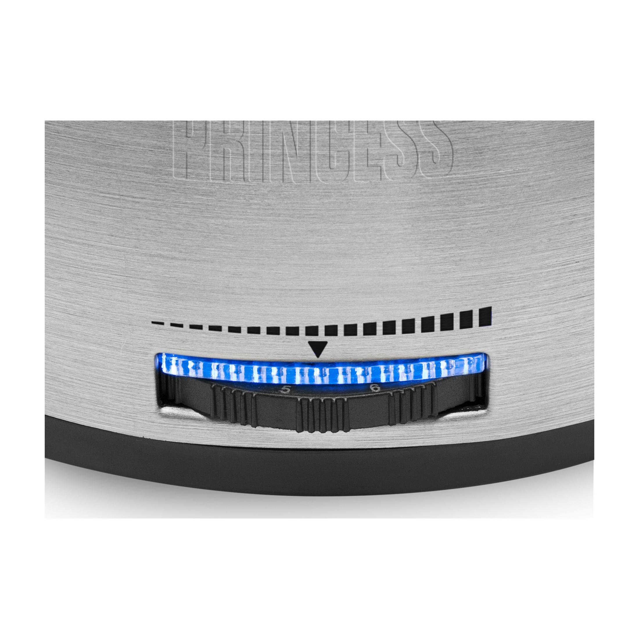 Pokrętło sterujące z niebieskim podświetleniem LED i oznaczeniami na srebrnej obudowie.