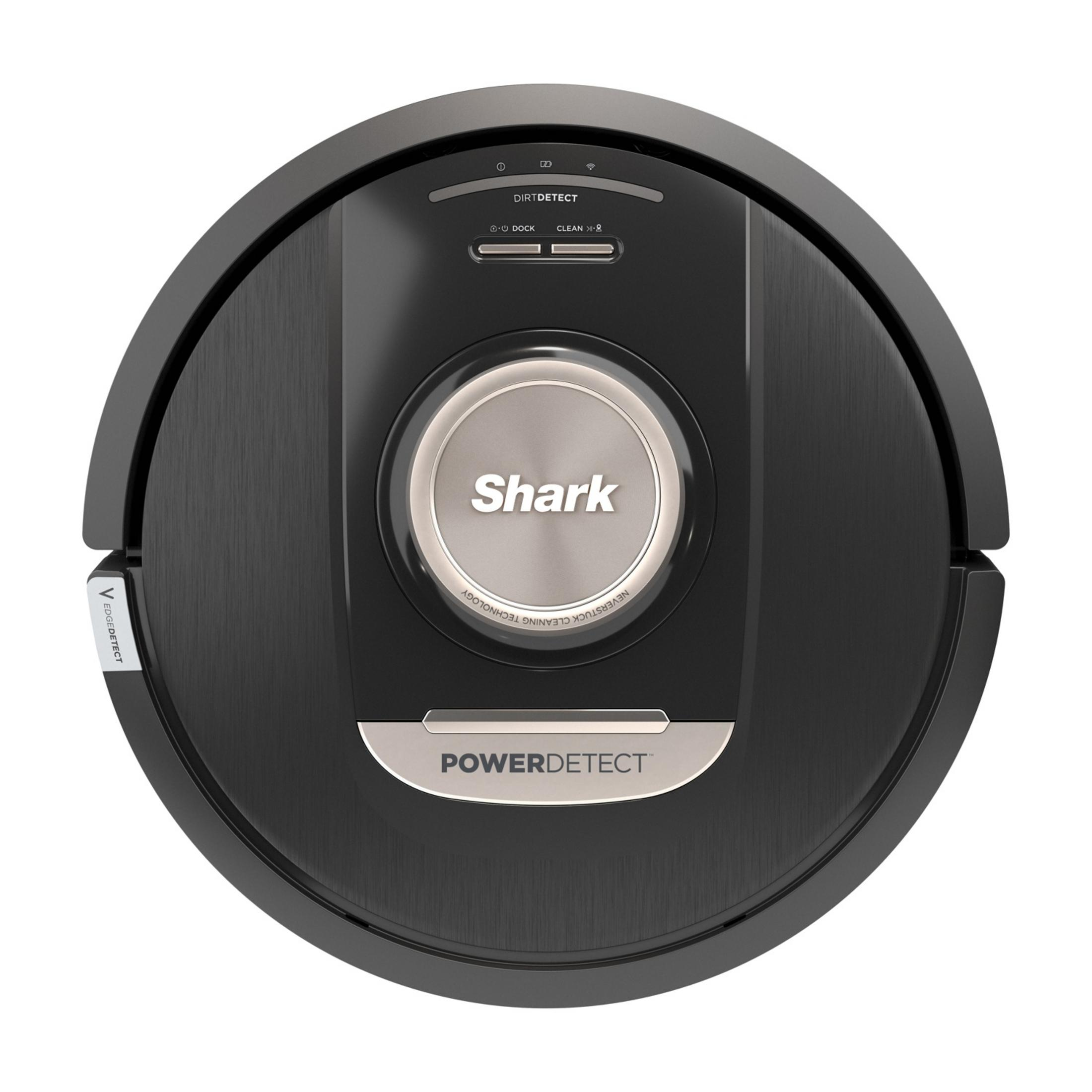 Een zwarte robotstofzuiger met zilveren accenten en "Shark"-logo.