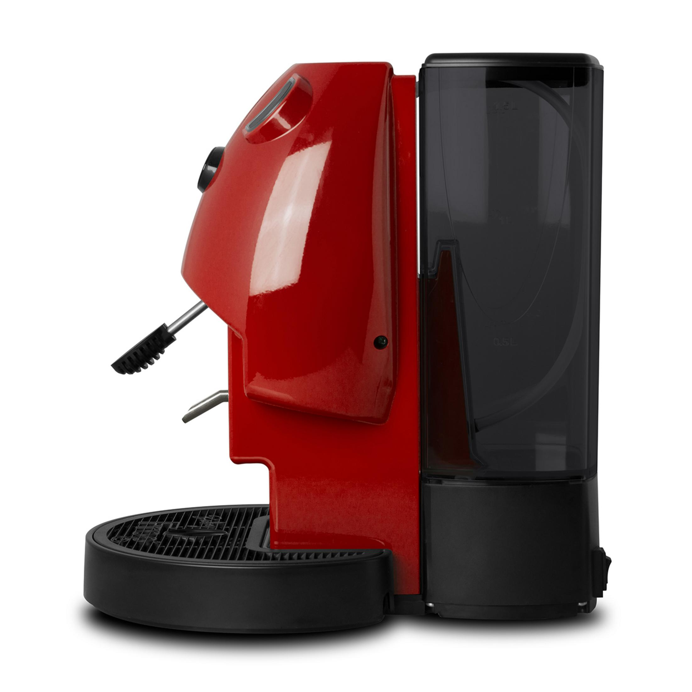 Macchina da caffè rossa con serbatoio acqua nero e vaschetta raccogligocce.