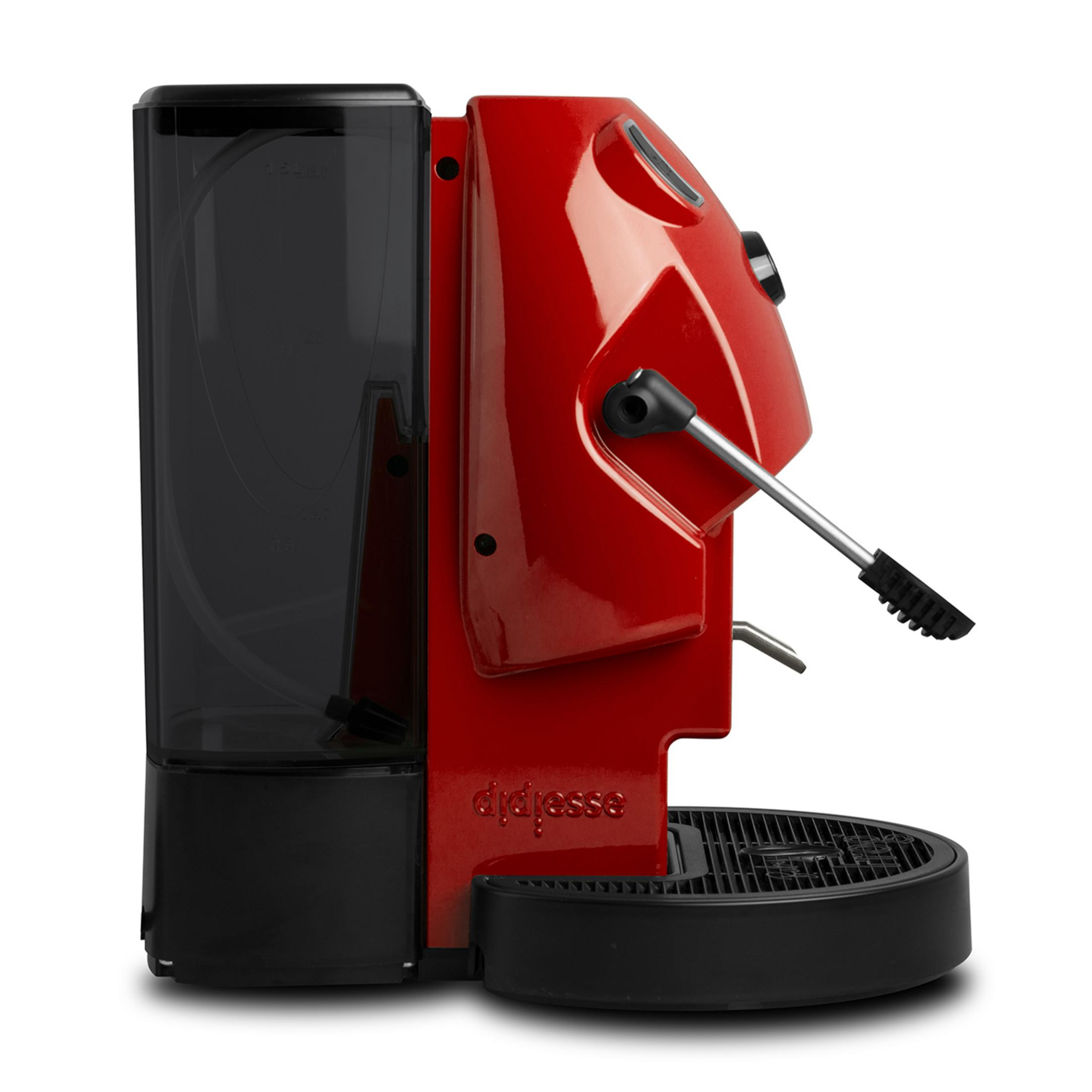 Macchina per espresso rossa con serbatoio nero e vaschetta.