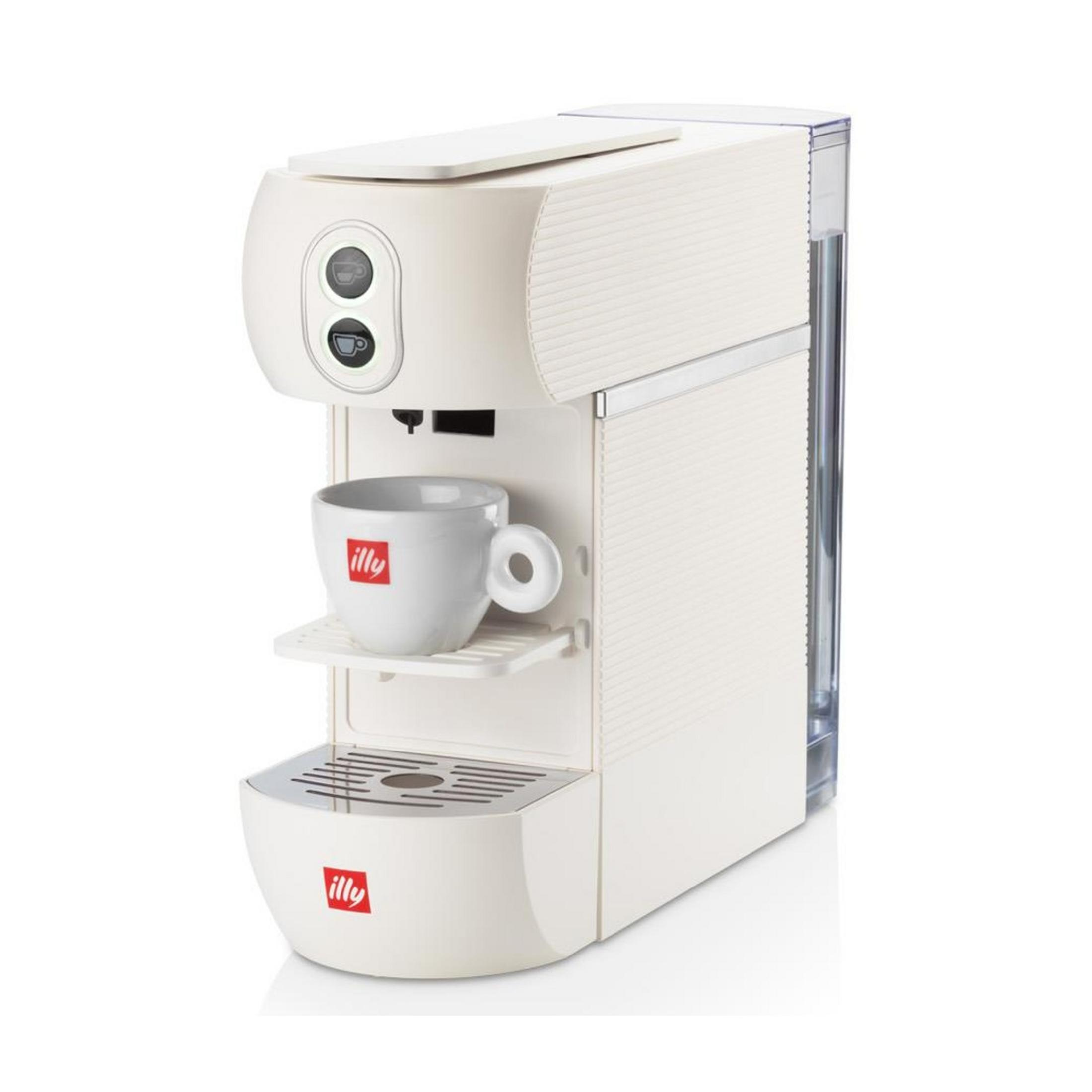 Weiße Illy Kaffeemaschine mit einer weißen Tasse mit rotem Illy-Logo.