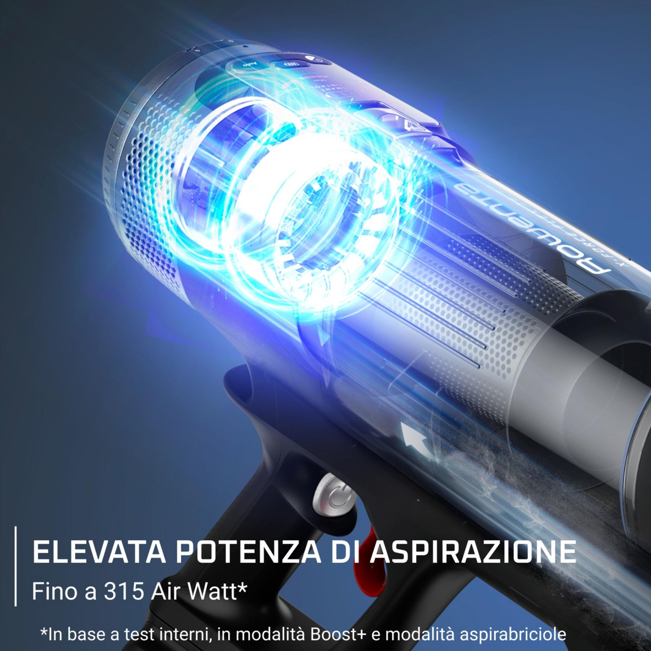 Primer plano de una aspiradora con efectos de luz azul y texto sobre potencia.