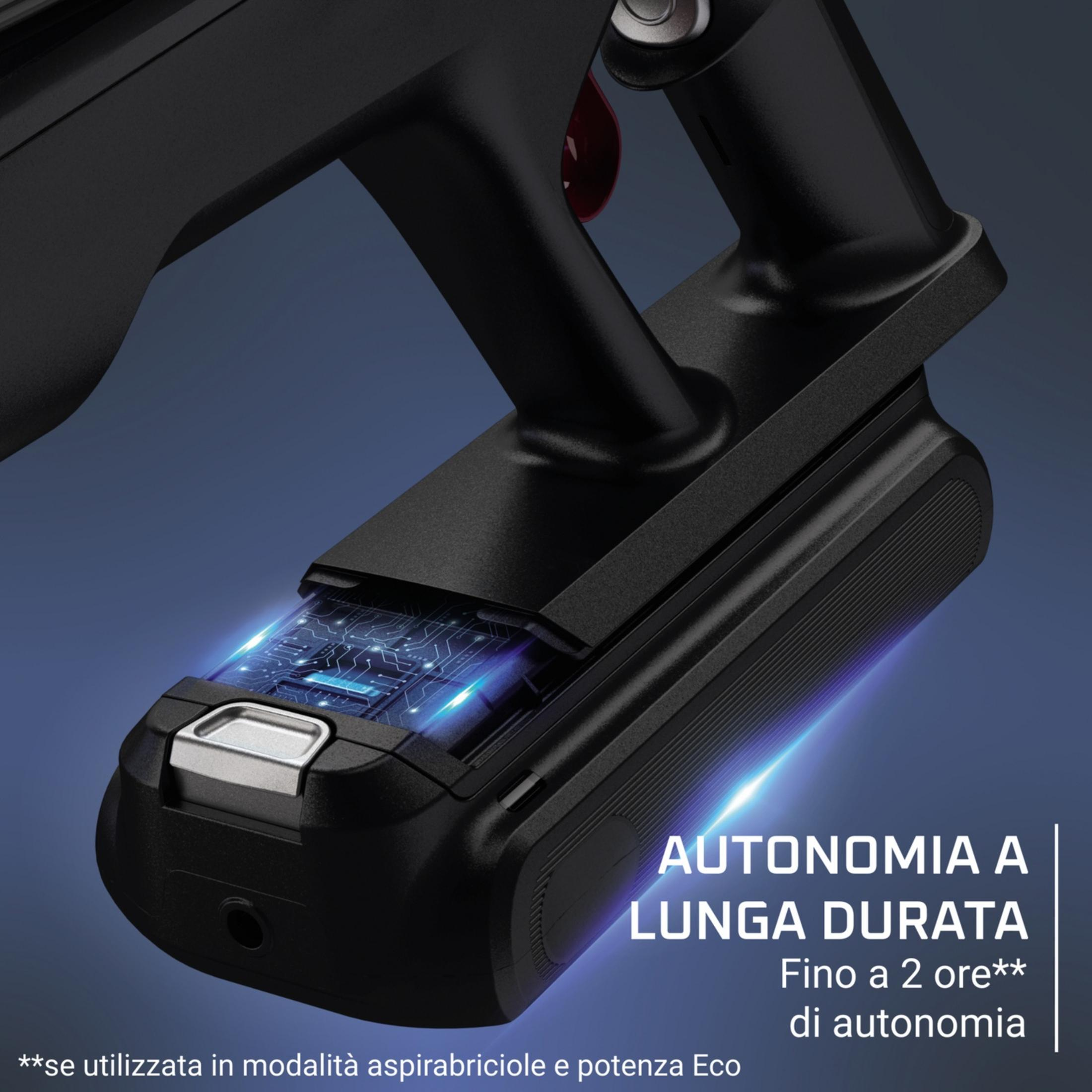 Aspiradora negra de mano con placa de circuito brillante, batería duradera.