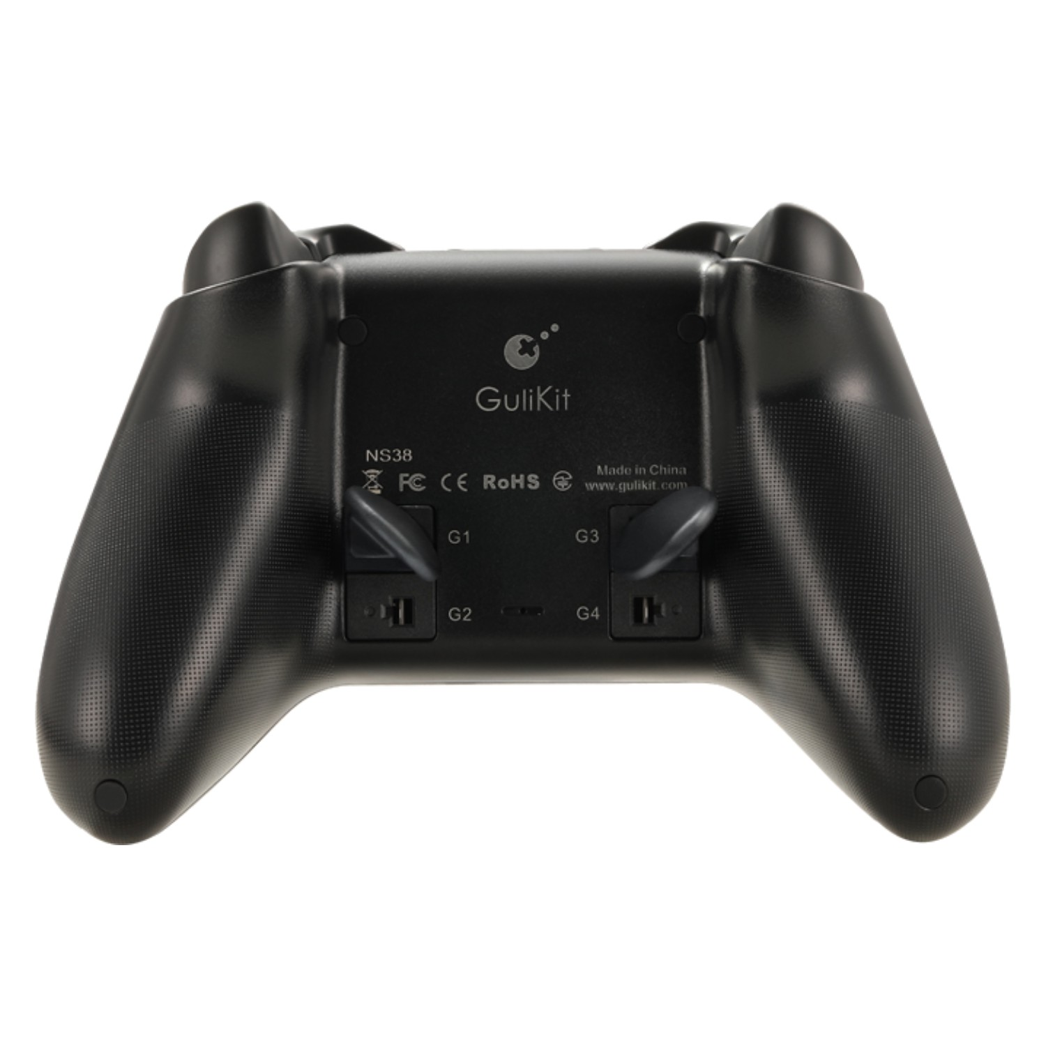 Parte trasera de un controlador negro con etiquetas como 'GuliKit' y 'Made in China'.
