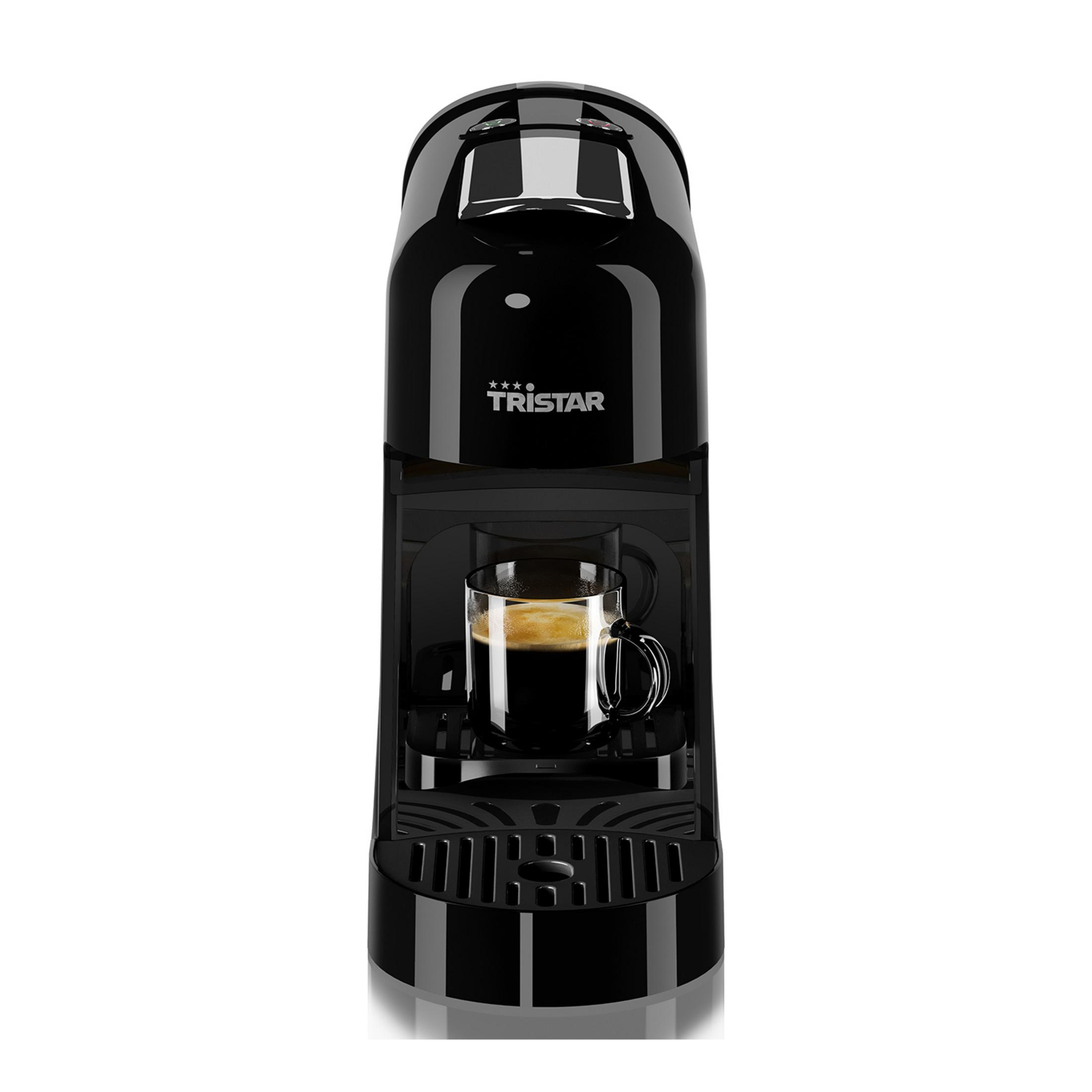 Czarna ekspres do kawy z filiżanką espresso i kremową pianką.