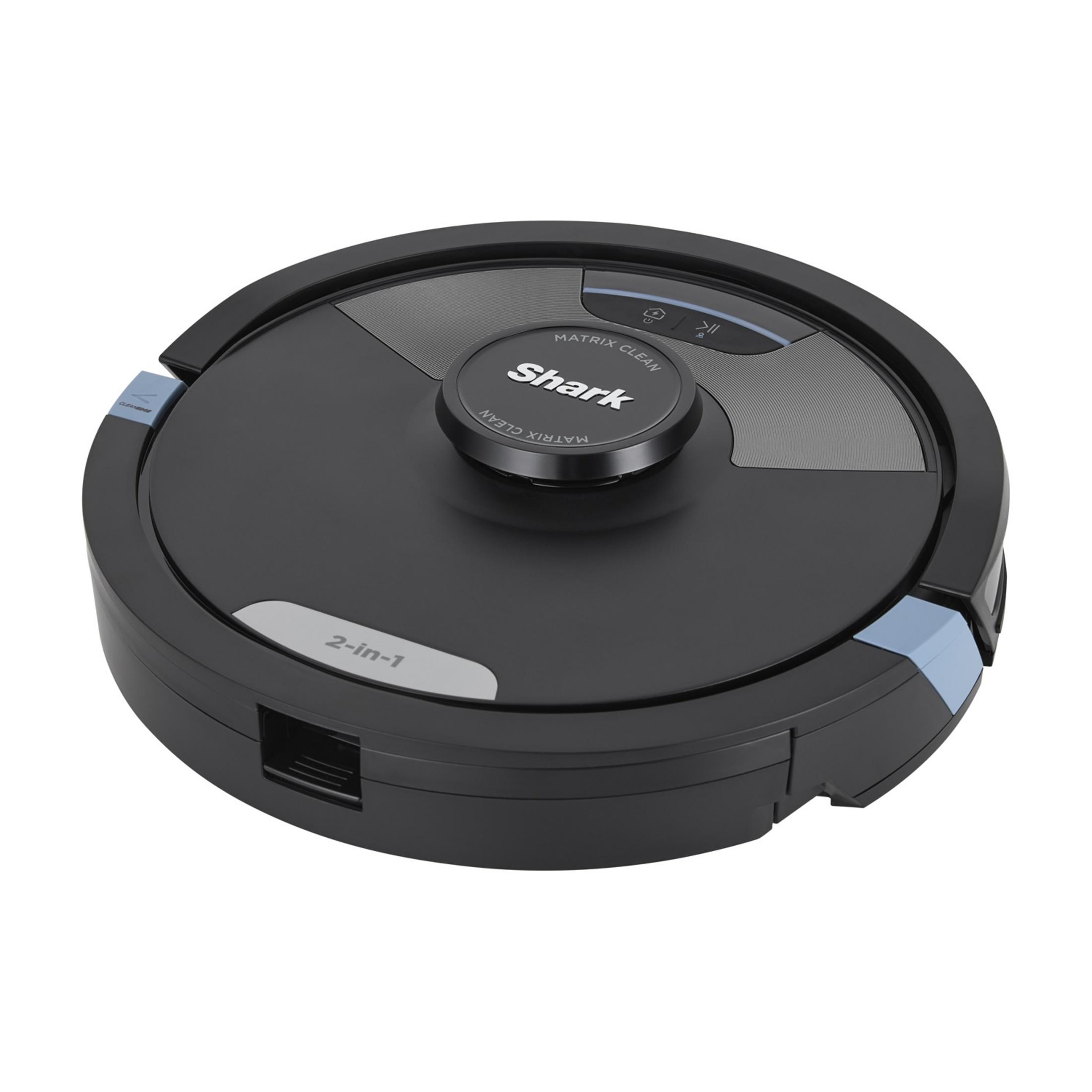 A black robot vacuum with blue accents and "Shark" logo.