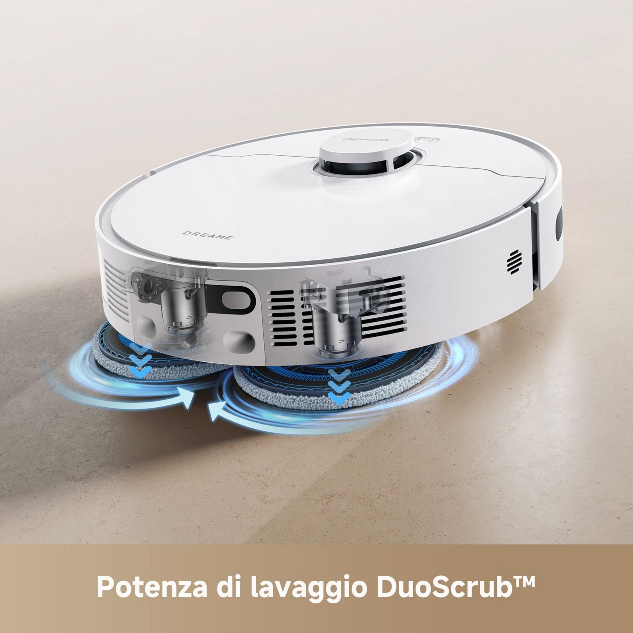 Robot aspirapolvere bianco con due mop rotanti su pavimento chiaro.