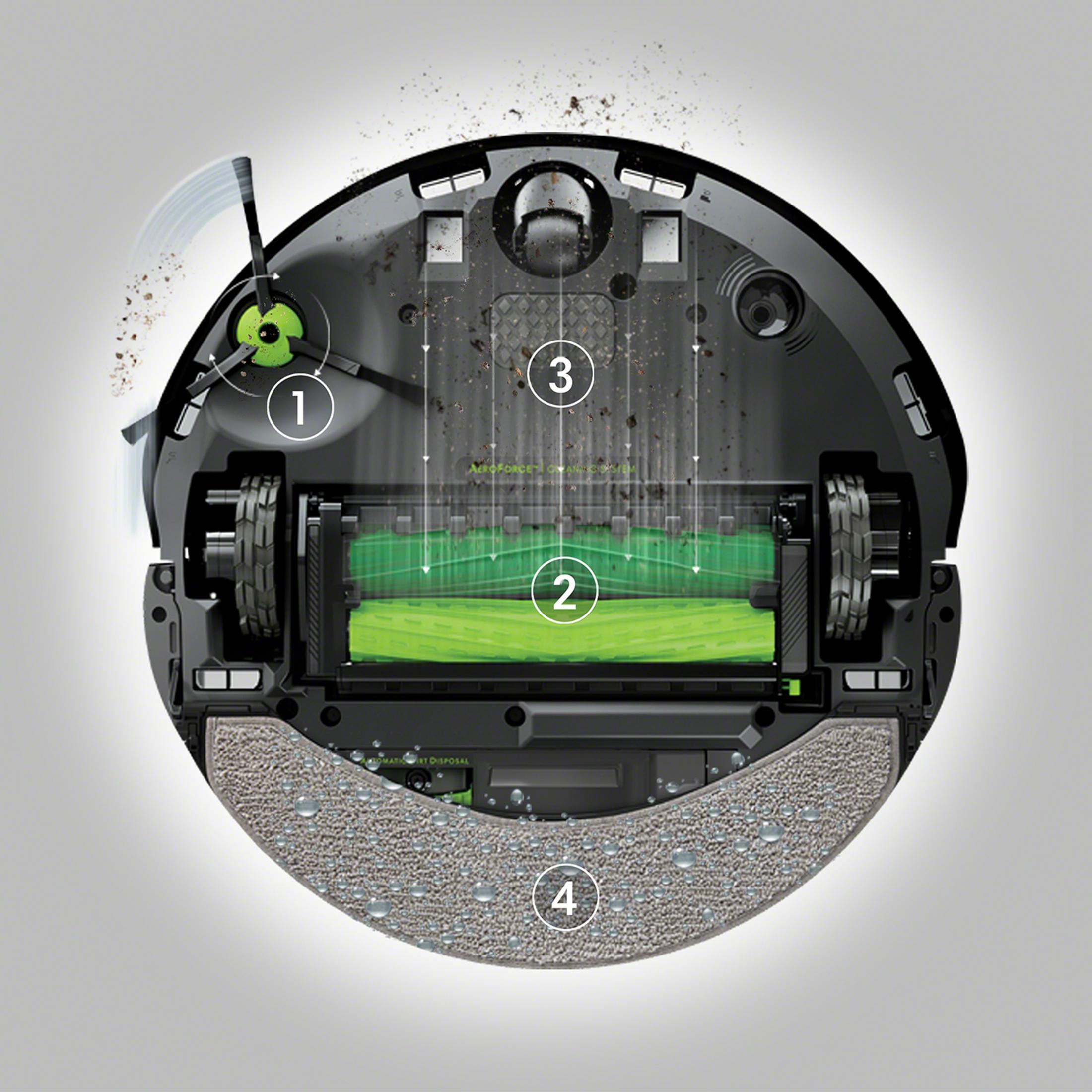 La parte inferior del robot aspirador muestra cepillos, ruedas y mopa con gotas de agua.