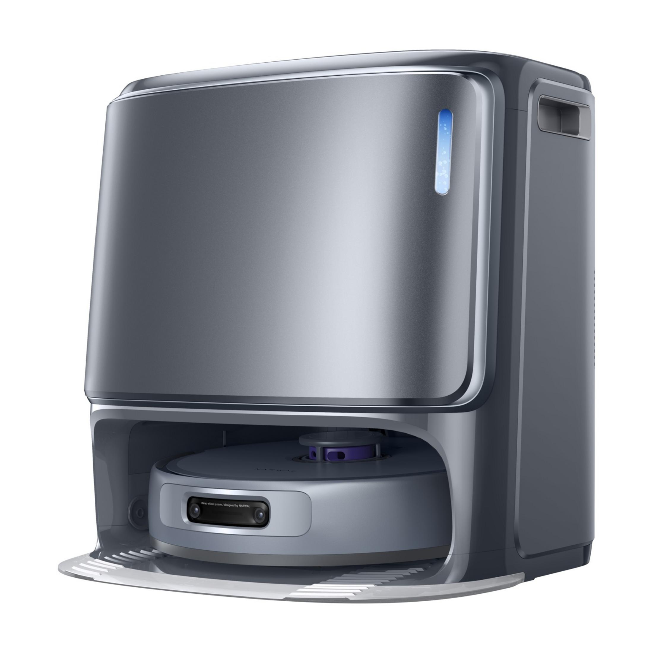 Szary robot sprzątający ze stacją dokującą i niebieskim wskaźnikiem.