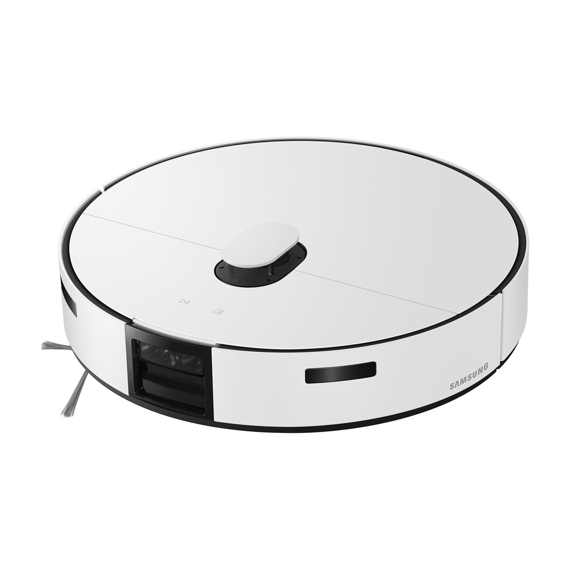 Biały robot sprzątający z logo Samsung i szczotkami.