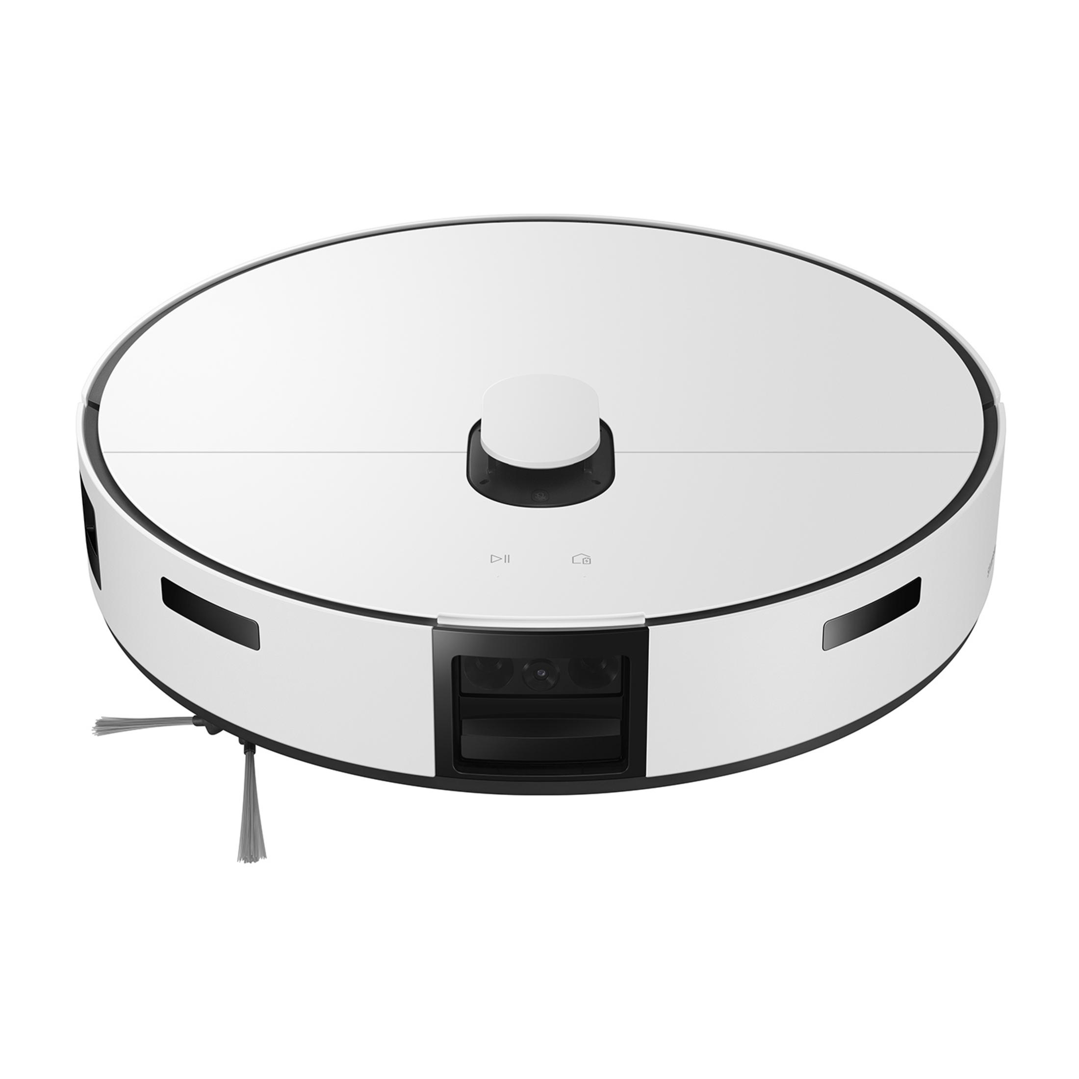 Biały robot sprzątający z czarnymi detalami i szczotkami.