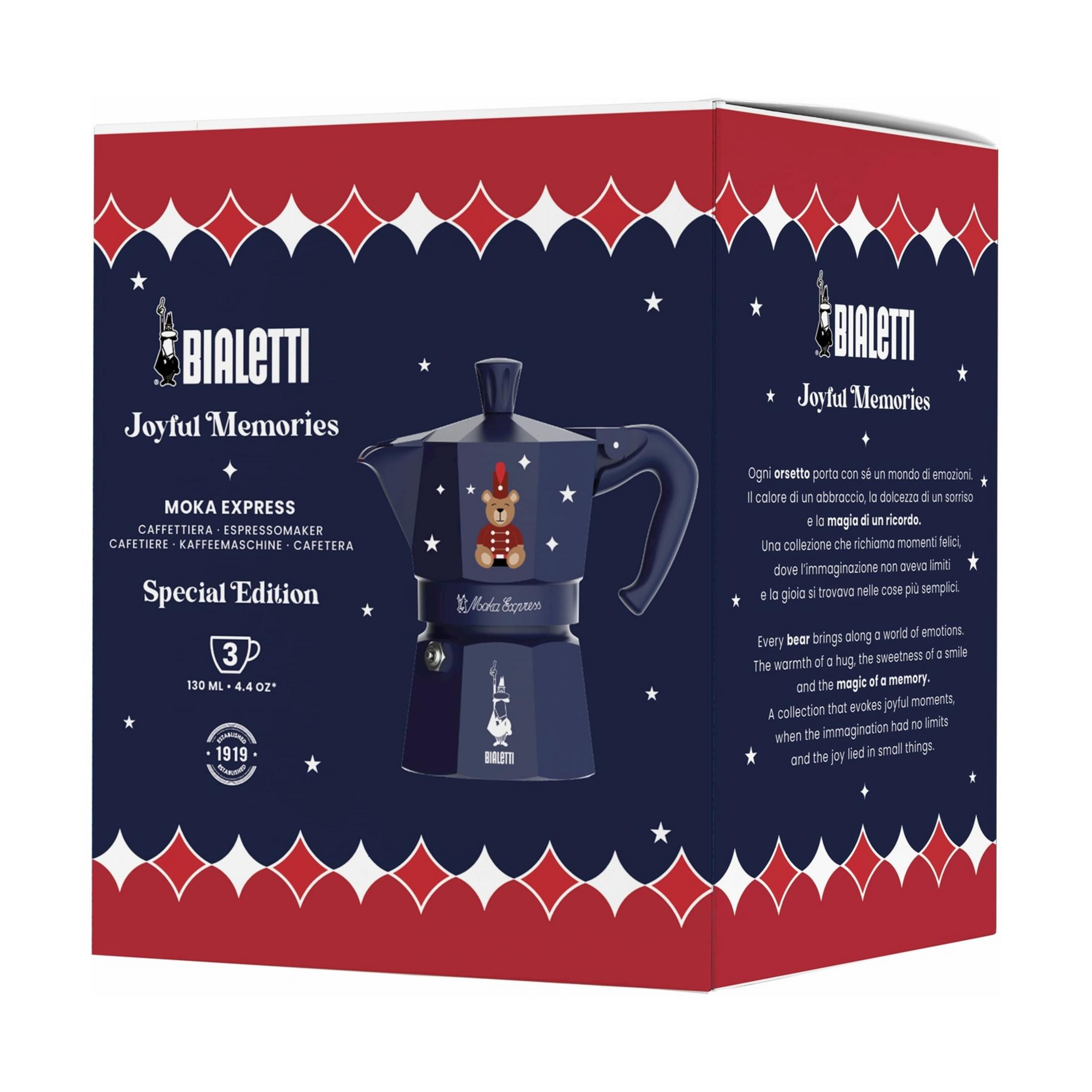 Moka Bialetti blu scuro con orsetto e stelle, edizione speciale.