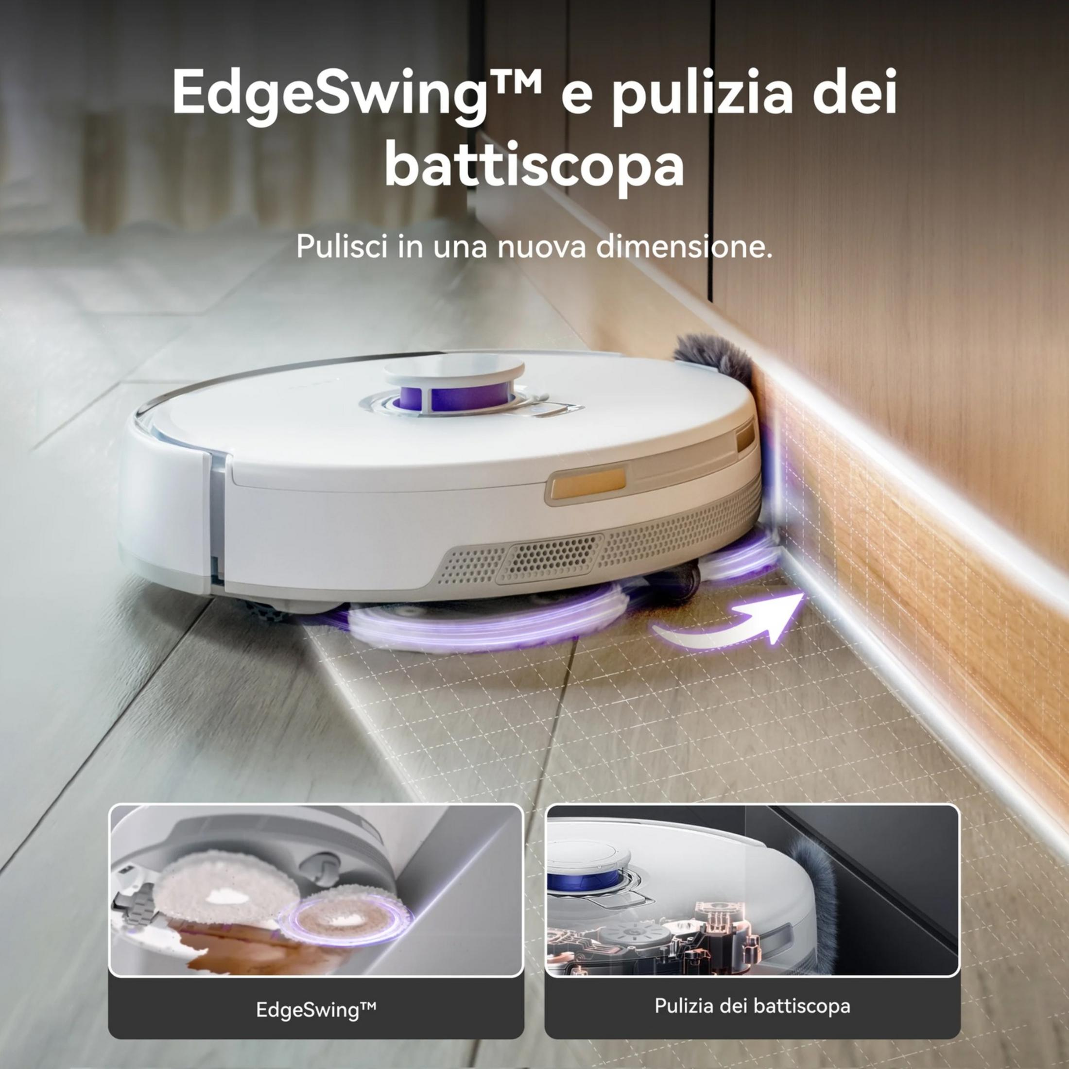 Un robot aspirapolvere bianco pulisce vicino al battiscopa con luci viola.